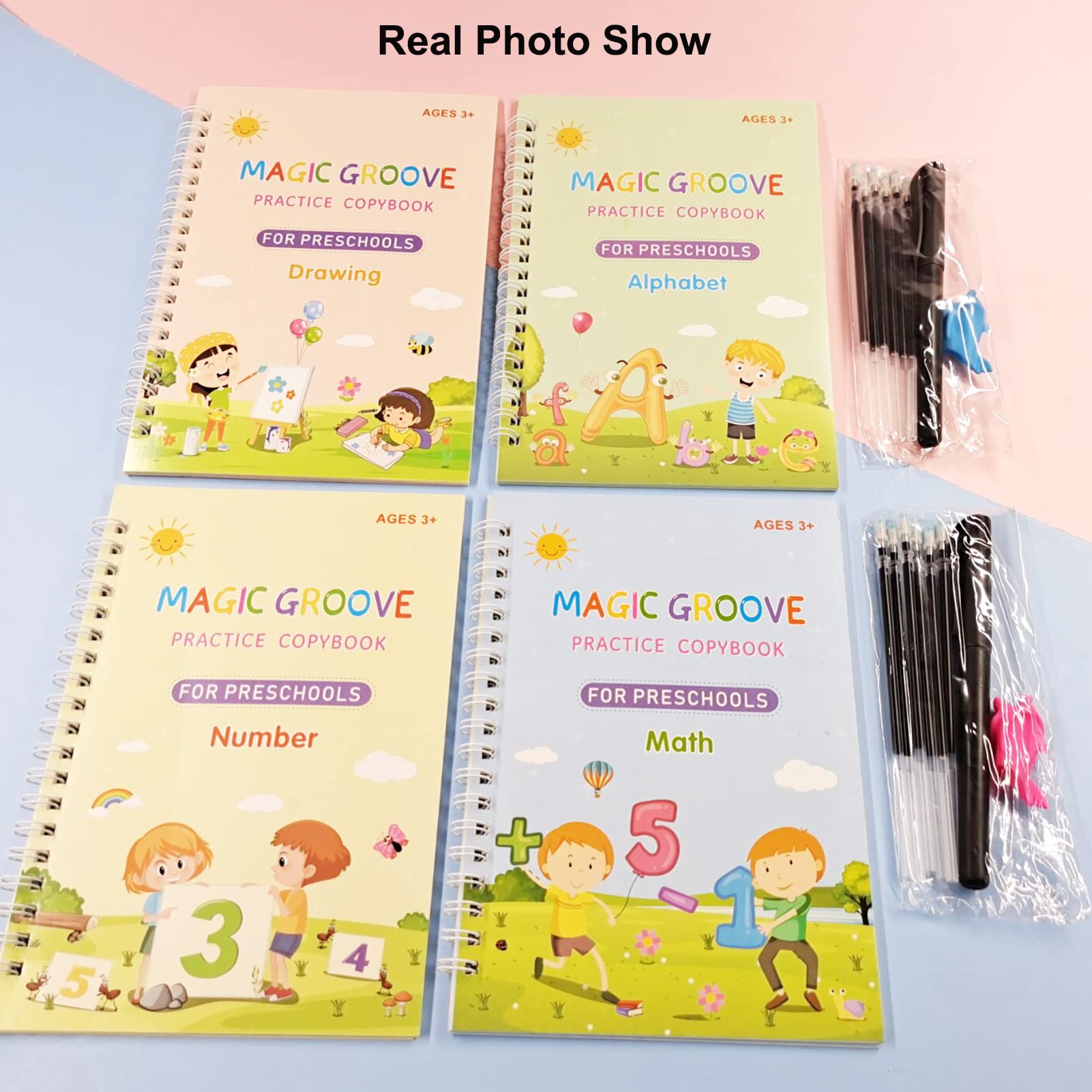 4 Pcs Large Magic Practice Copybook for Kids - Number & Letter, Drawing, Math Calligraphy Practice Book for Preschoolers w/Pen, Reusable Writing Practice Book,The Groove Print Handwriting Workbook