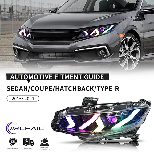 Miniatura 7 de Archaic Conjunto de faros RGB para Honda Civic 2016-2022 de 10 generación, con señal de giro secuencial para Civic SedánCoupeHatchback, conjuntos de