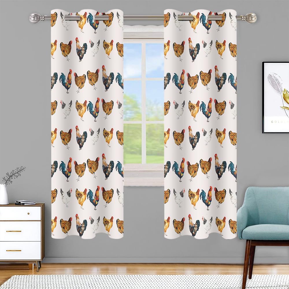 Chicken Window Curtain, Room Darkening Thermal Insulated Curtain Vintage Farm Chicken Grommet Curtains Window Treatment Drapes for Bedroom, 2 Panels, 52x84 Inches CLLSMN162
