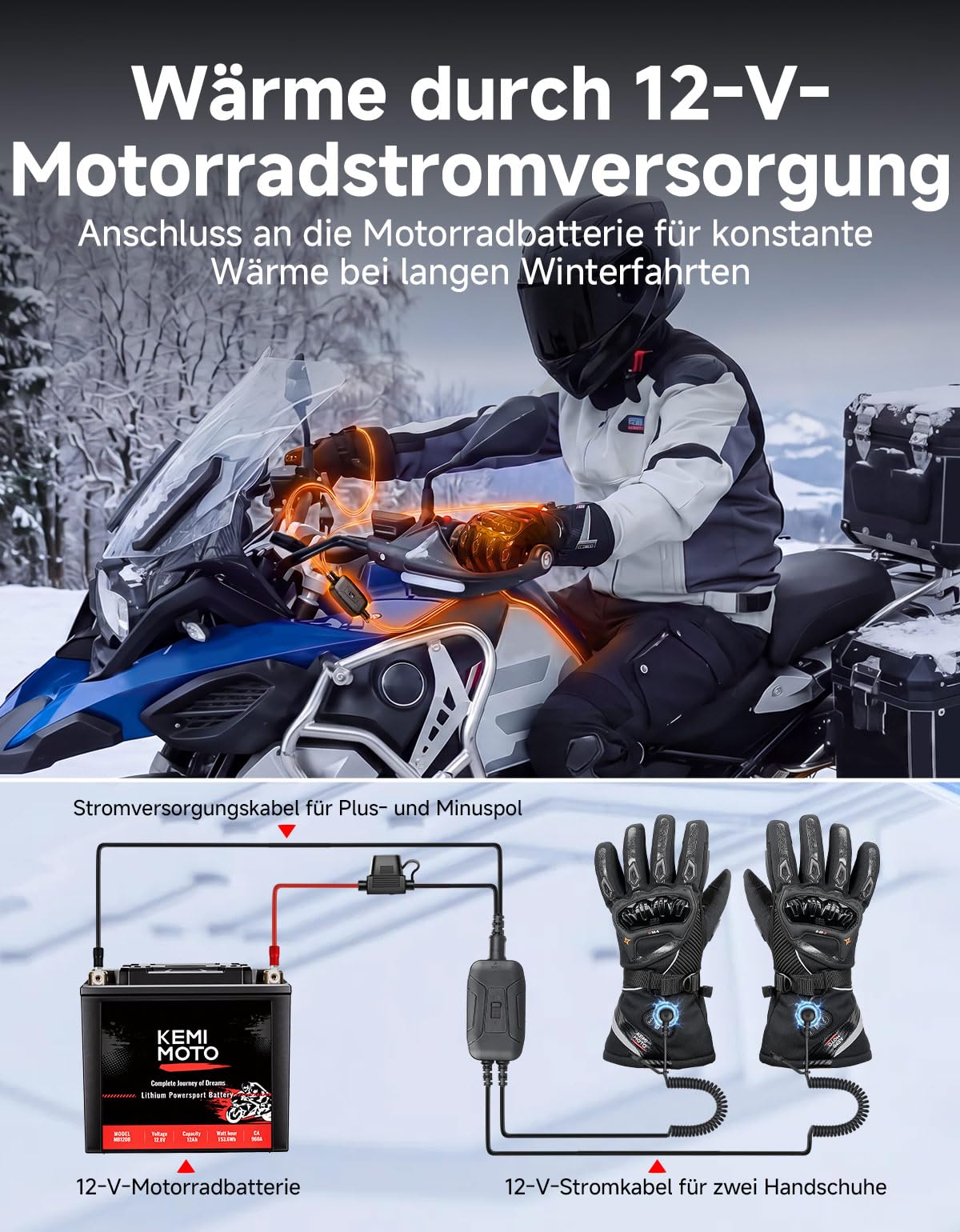 KEMIMOTO Beheizbare Motorradhandschuhe Winter, Beheizte Handschuhe Touchsreen, Magnetische Hybrid-Stromversorgung mit Magnet-Anschlusskabel, Elektrisch Thermohandschuhe für Motorradfahren, Skifahren