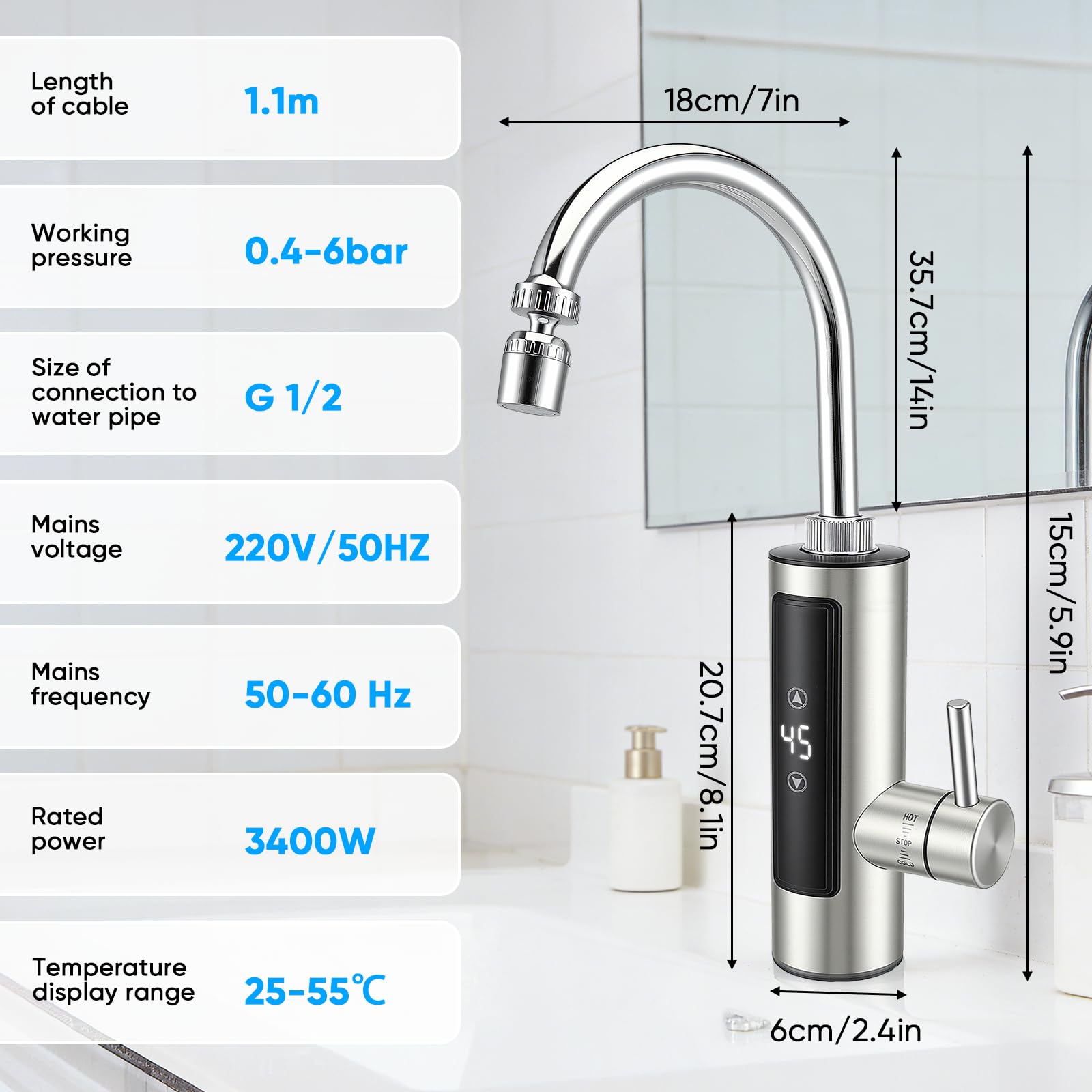 Robinet électrique 3,4 kW avec chauffe-eau instantané pour cuisine - Robinet d'eau chaude avec écran numérique (30-50 °C) - Bec pivotant à 360° et double jet - Eau chaude instantanée pour évier - 220