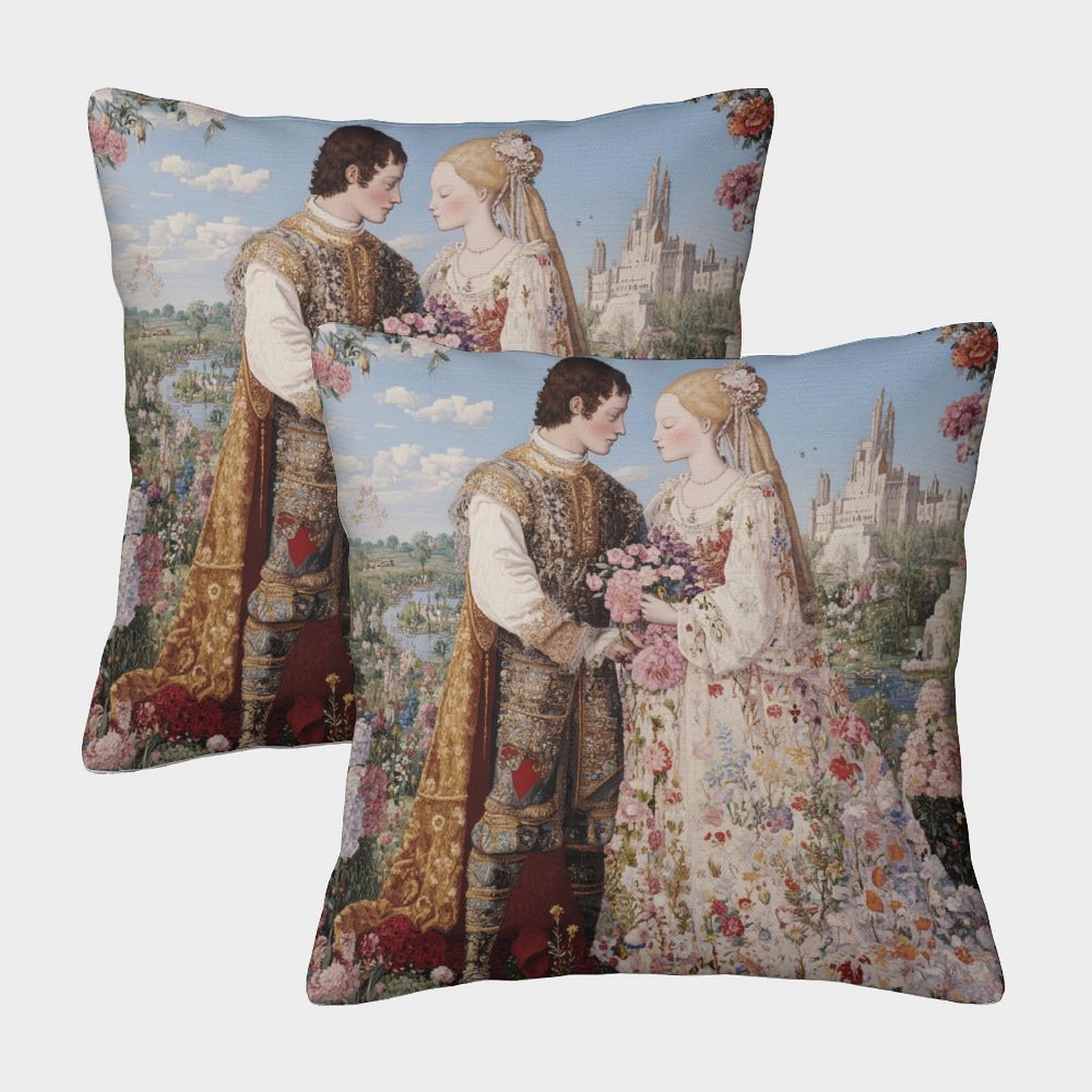 kaiyun 2 Pack Digital Printing 3D Castle And Flowers Theme Square Cushion Cover 40x40cm Suitable for Outdoor Home Bed Decoration Beautiful Love Story Pattern