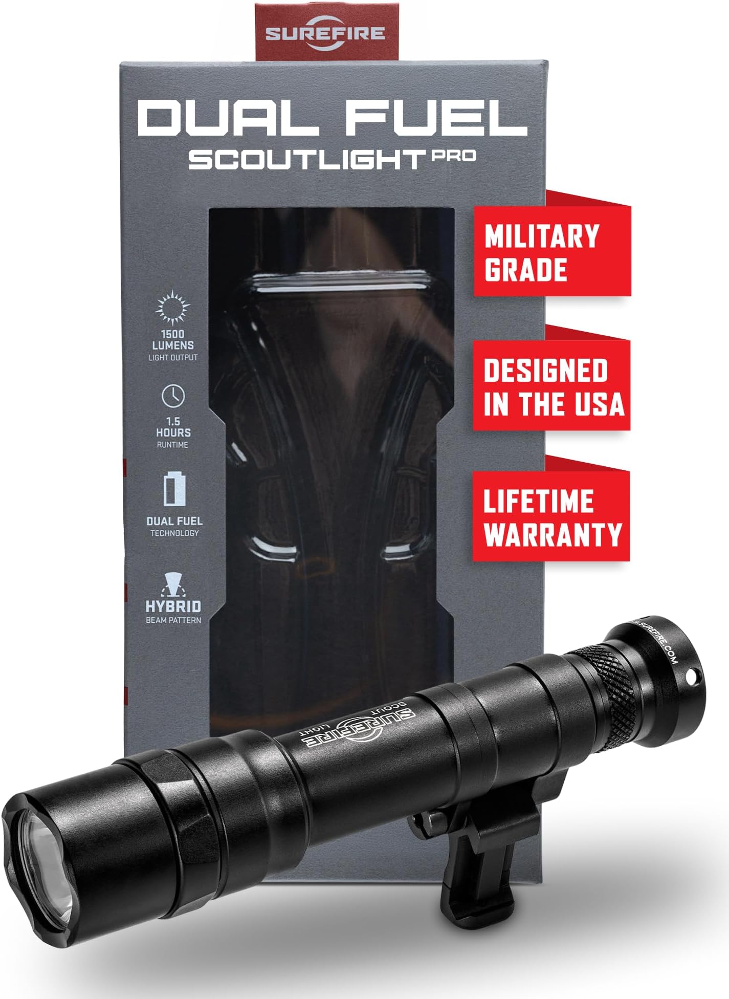 Weaponlight LED - M640DF-BK-PRO Up to 1,500 Lumens, 16,000 Candela | M640DF-BK-PRO Scout Light Pro Dual Fuel Hybrid Beam LED w/ Click Tailcap Switch - Mil-Spec Hard Anodized IPX7 - Black