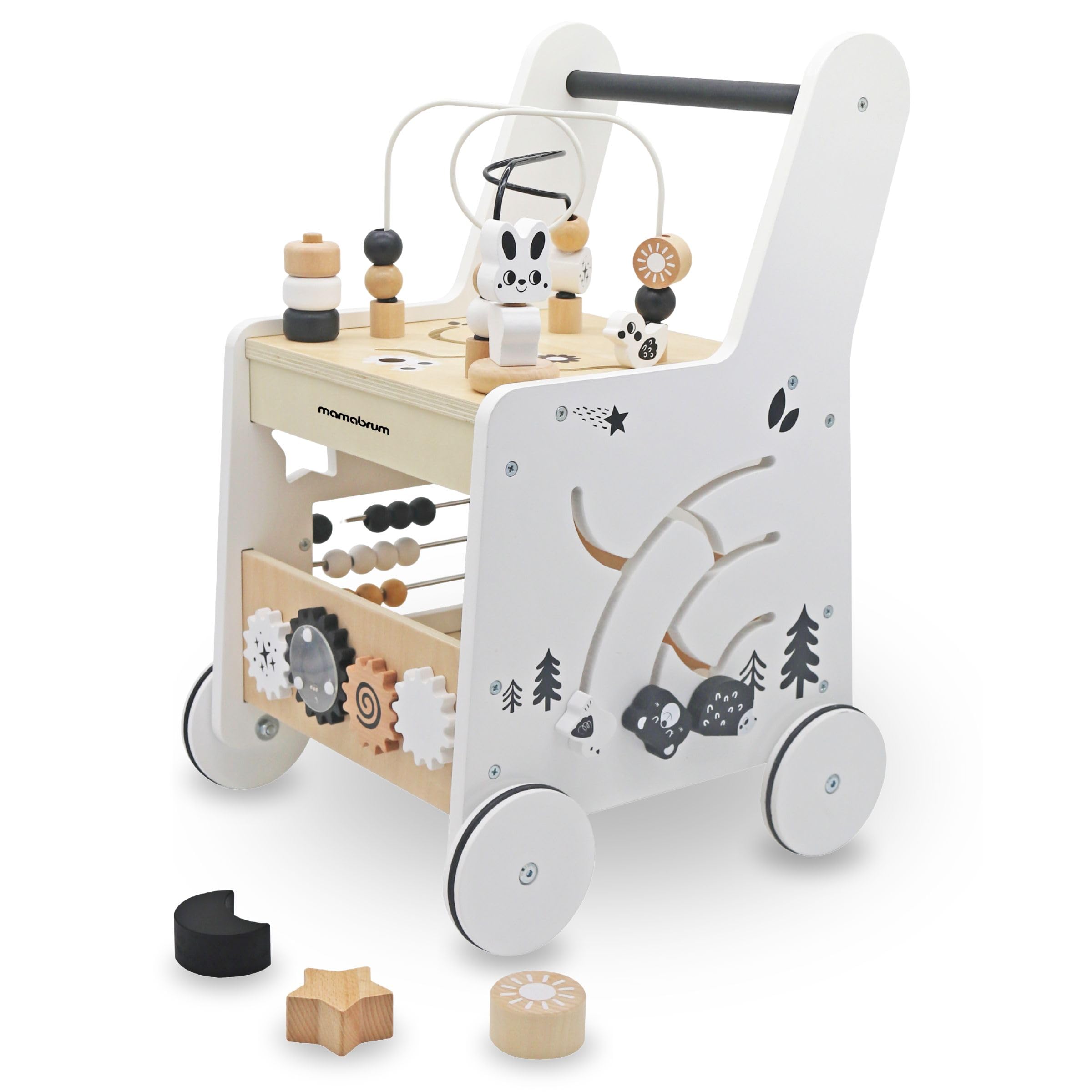 Mamabrum Caminadora y Andador Bebé 6 en 1 - Mesa Educativa de Madera con Ábaco, Engranajes y Juegos - Centro de Actividades para Primeros Pasos - 31 x 28 x 49 cm