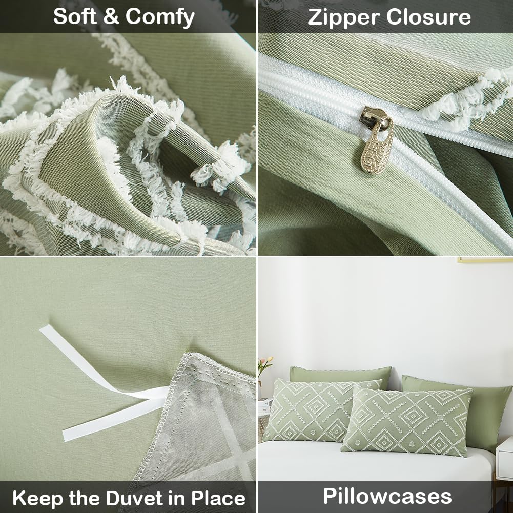 Green Duvet Cover King Size - 3 Pieces Soft and Light Duvet Covers Set with Boho Tufted Geometric Pattern for All Season, Breathable Bedding Set with Zipper Closure & 2 Pillowcases