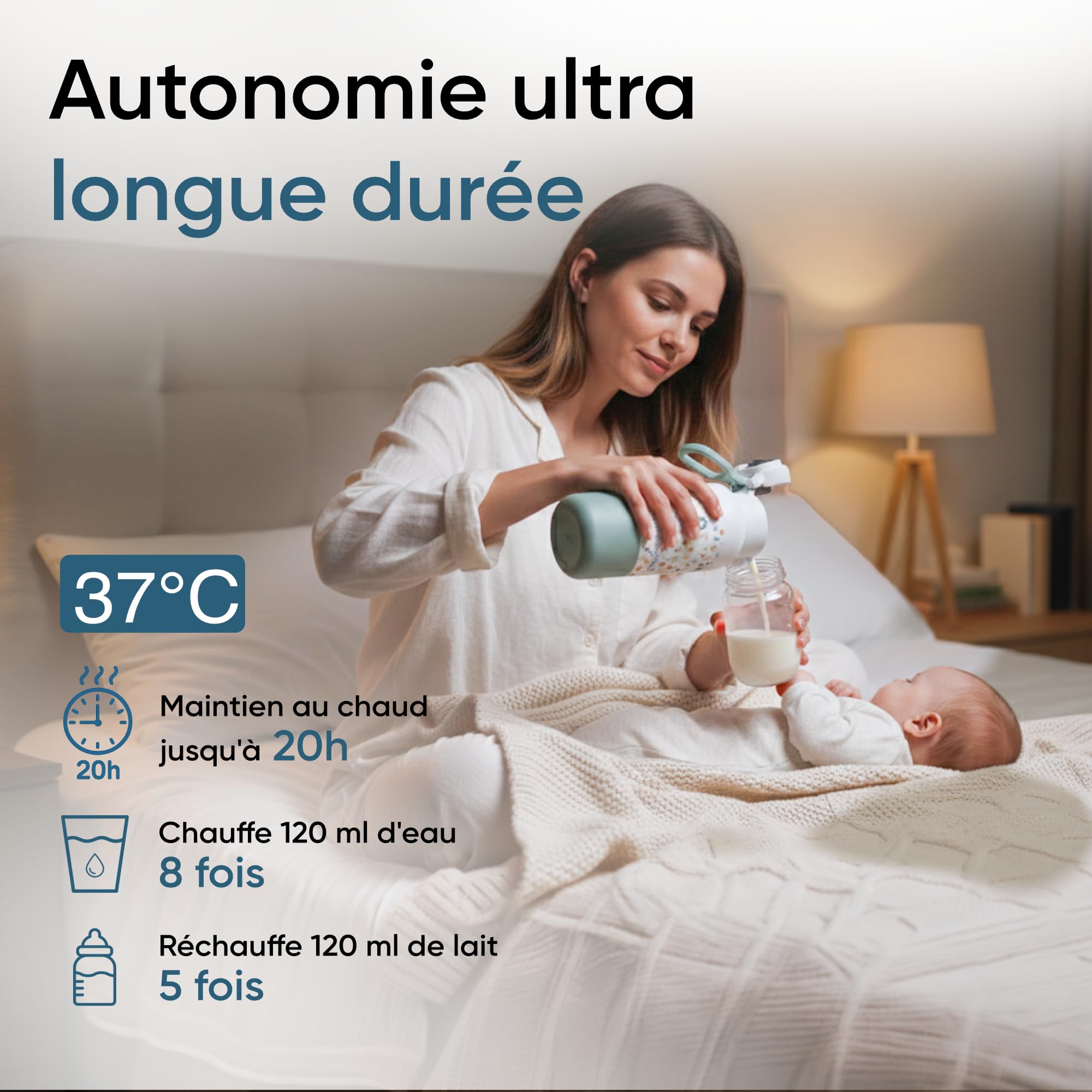 EVERBLOOM Chauffe Biberon Nomade Portable, Sans Fil, 500 ml, Chauffe Rapide | Pour lait maternel et infantile : chauffe en moins de 2 min,températures réglables au degré près, idéal voyage et voiture.