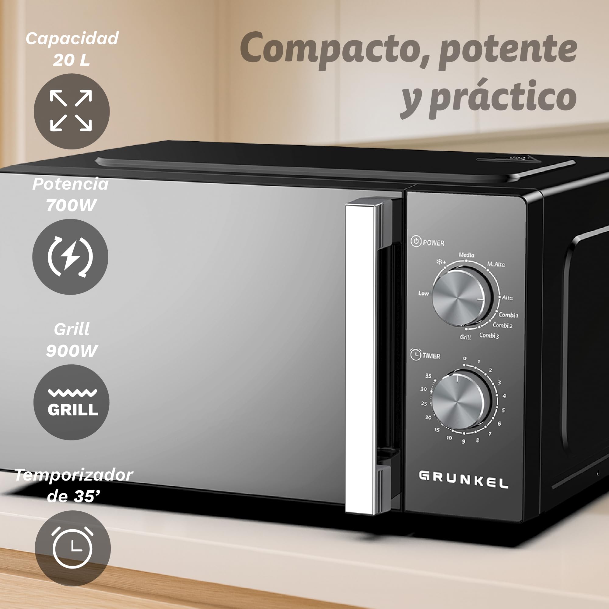 Microondas con grill Grunkel MWG-20ESPEJO de 20 litros y 700w con funcion grill 800w. Temporizador de 35 minutos 5 niveles de potencia y 3 modos combi. Acabado frontal espejo