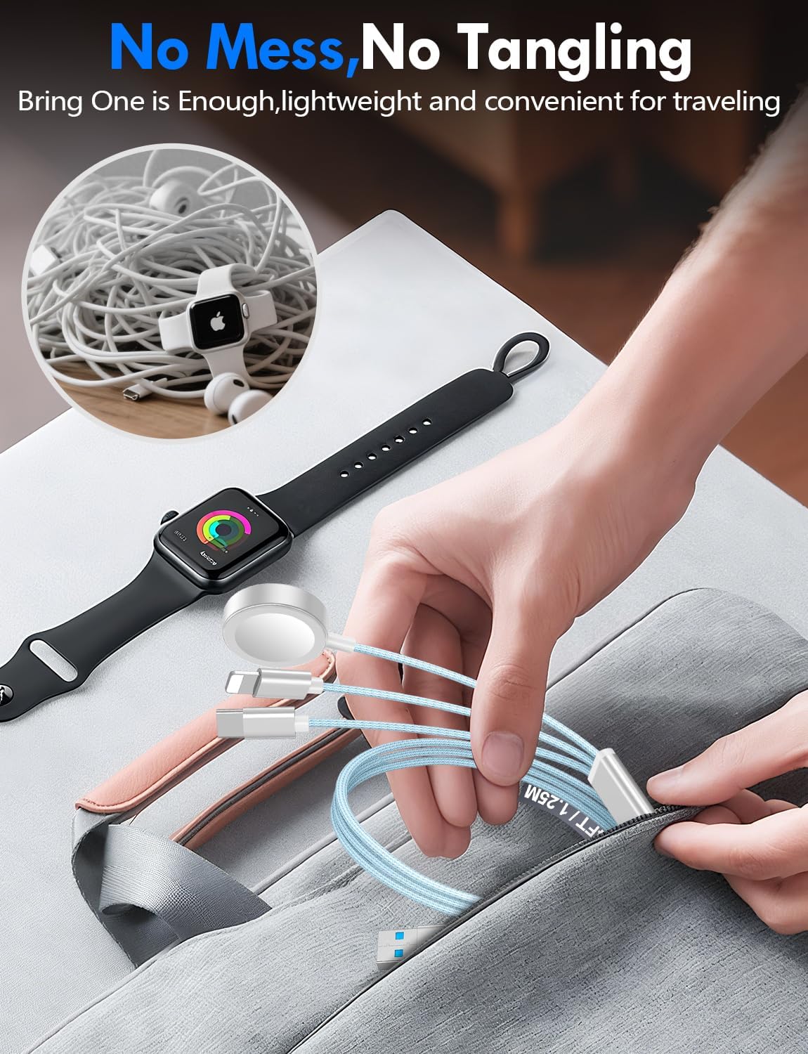 Multi-Ladekabel für Reiseutensilien, Apple Watch-Ladegerät, iPhone-Ladegerät, 3-in-2, Typ C/Lightning-Kabel, tragbar, entworfen für iWatch, iPhone 17–8, Galaxy S26–21, AirPods, iPad, 1,5 m, Blau, 2