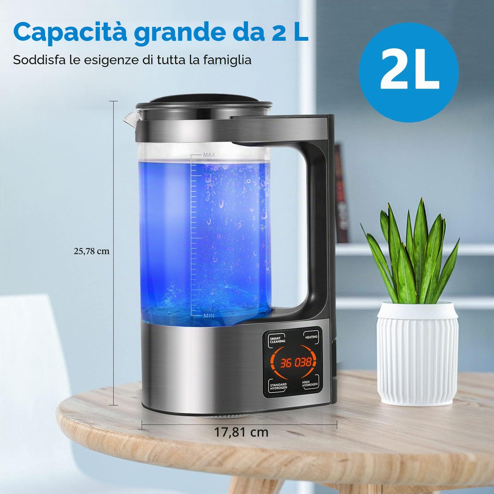 Generatore di Acqua Idrogenata, 2L Macchina per Acqua Alcalina Ionizzata ad alta Capacità Generatore di Acqua Ionizzata con Funzione Termostato, Touch Screen a LED, Autopulizia per uso Case e Aziende