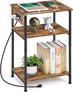 MOOACE Nightstand with Charging Station, Side End Table with USB Ports and Outlets, 3 Tier Side Table with Storage Shelf Modern Bedside Table for Bedroom Living Room, Rustic Brown