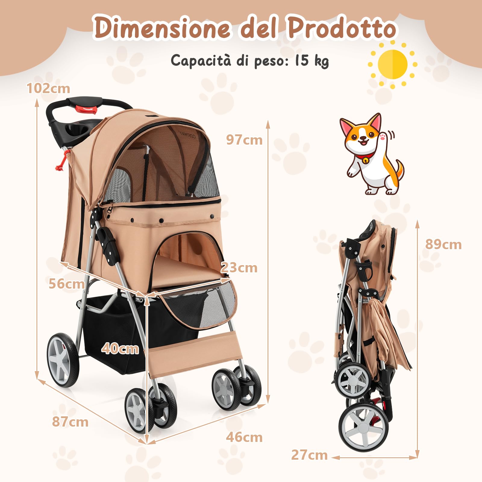 GYMAX Passeggino per Cani Piccoli Pieghevole, Fino a 15 kg, Ruote 360° con Freni, Cuscino, Porta Doppio, Finestre, Cestino, Portabicchieri, Carrozzina Portatile (Beige)