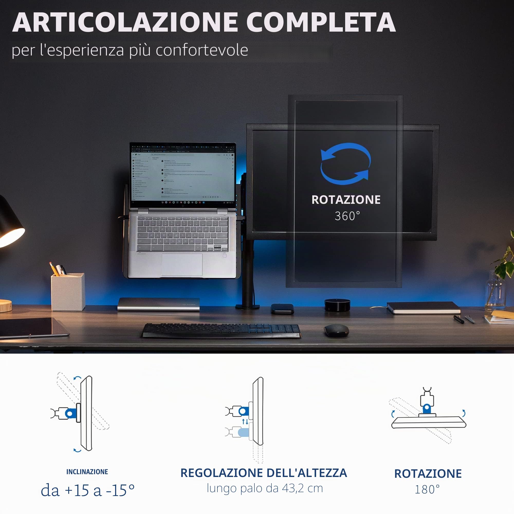 VIVO - Supporto da scrivania per monitor e laptop da 13" a 32", completamente regolabile, con opzione anello passacavo, adatto per laptop fino a 17" (STAND-V002C)