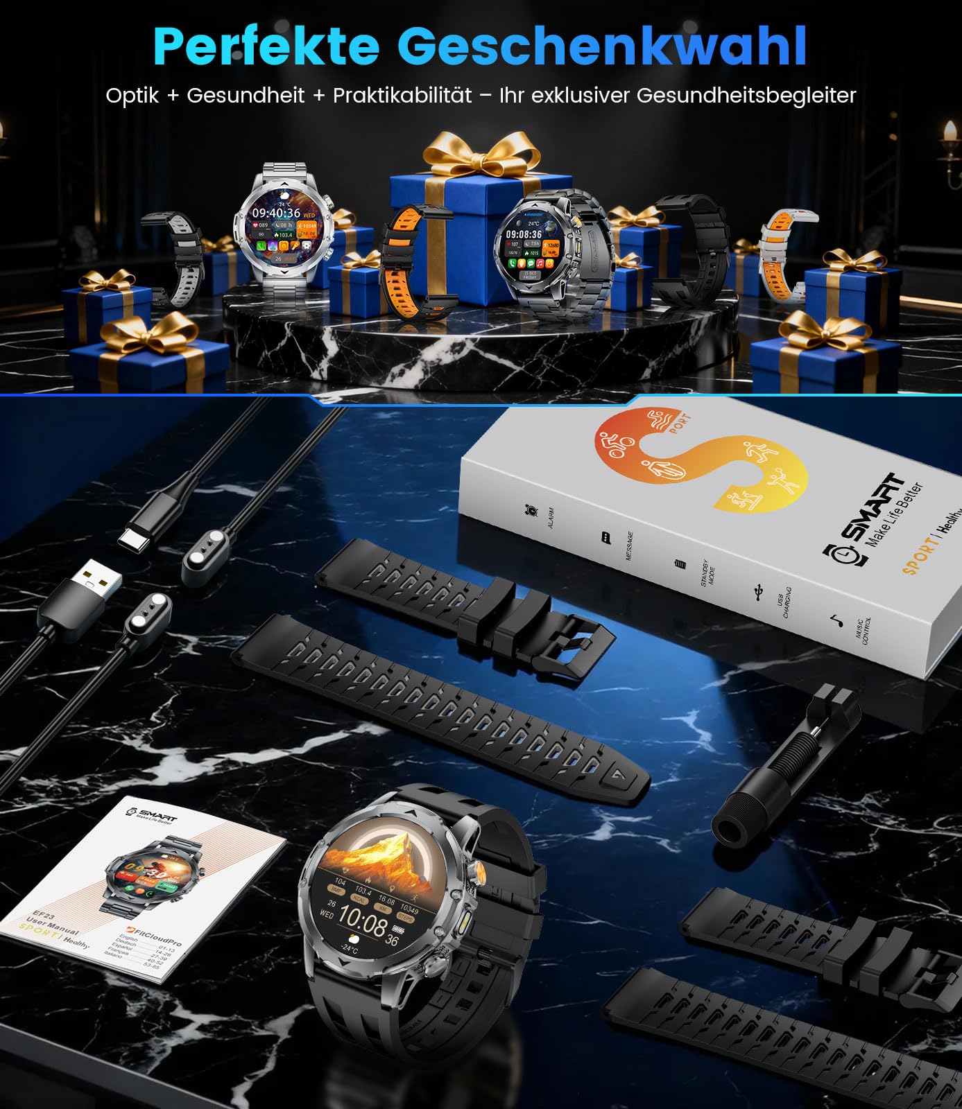 1,53'' HD Smartwatch Herren mit Telefonfunktion, 1000mAh/LED Taschenlampe