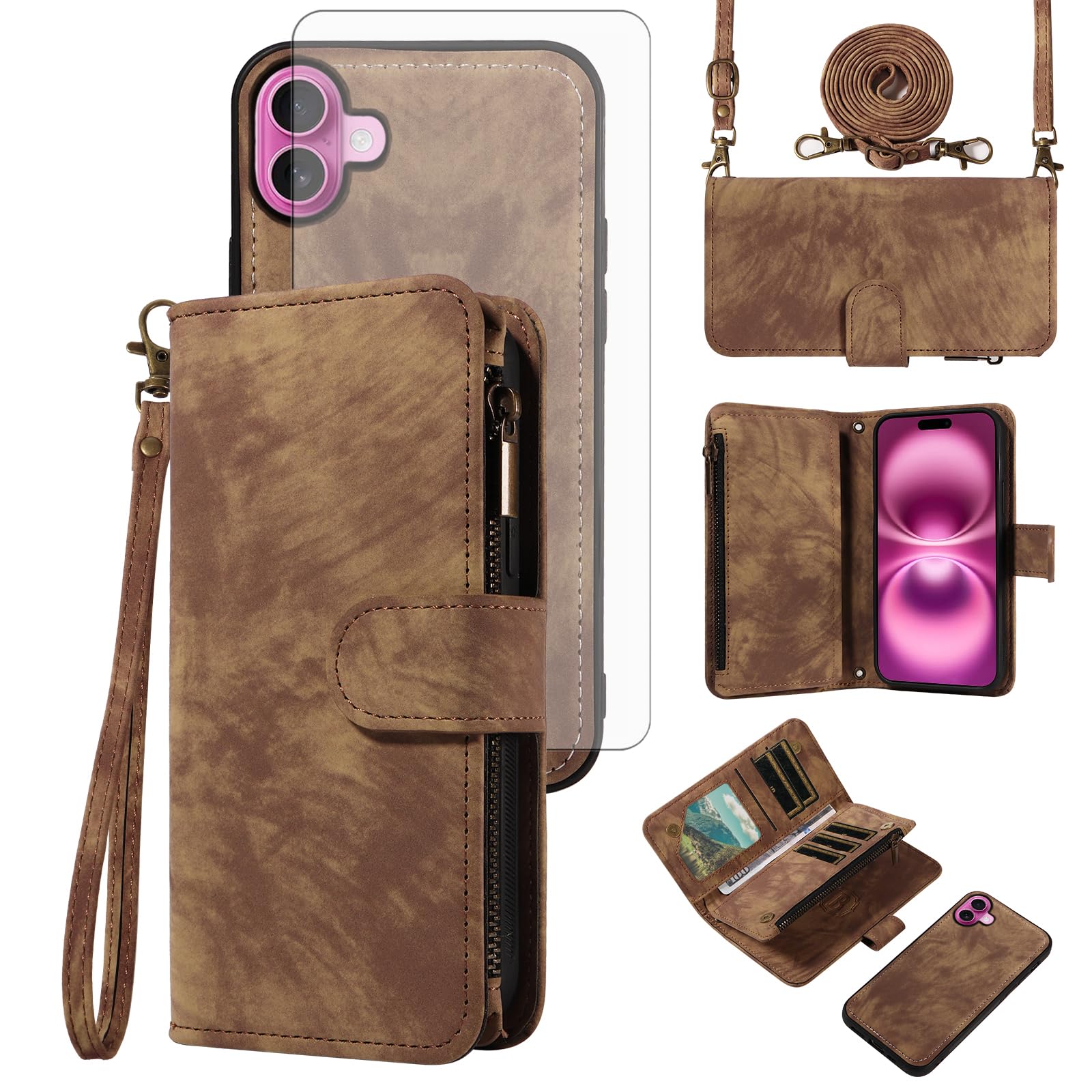 Asuwish Phone Case for iPhone 16 Plus 6.7 inch Zipper Wallet Magnetic Cell Cover with Tempered Glass Screen Protector Crossbody Strap Flip Credit Card