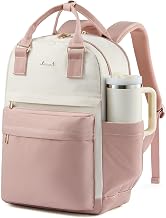 LOVEVOOK Laptop Backpack for Women with Giant Tumbler Holder Pocket, 15.6 inch Laptop Computer Bag Travel Backpack Purse, Waterproof Work Nurse Teacher Bag College School Bookbag, Pink & Beige