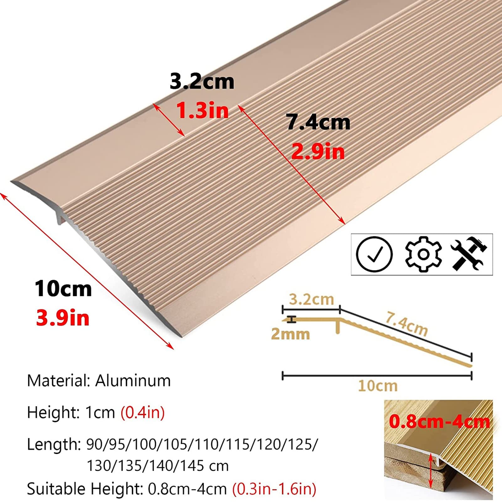 Samoprzylepna listwa przejściowa do parkietu łatwa instalacja metalowy profil aluminiowy różowe złoto 140 cm (55,1 cala) dywan do płytki pasek przejściowy trwałe akcesoria podłogowe