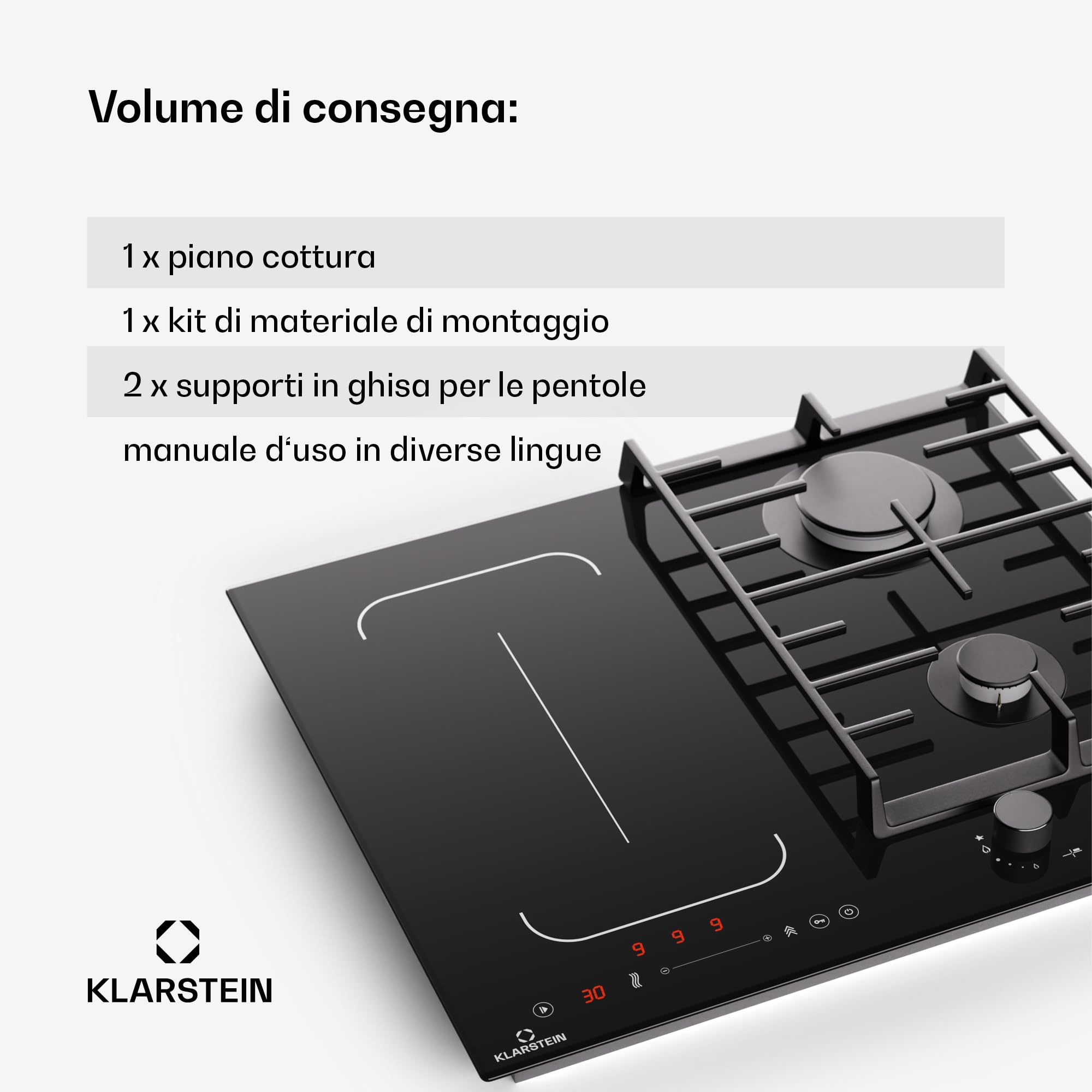 Klarstein MultiChef 4 - Piano Cottura A Induzione E Gas, 4 Zone, 2 Gas & 2 Induzione, Flexzone, Controllo Con Cursore, Stop&Go, Timer, Nero, 58,5 Cm, Design Compatto