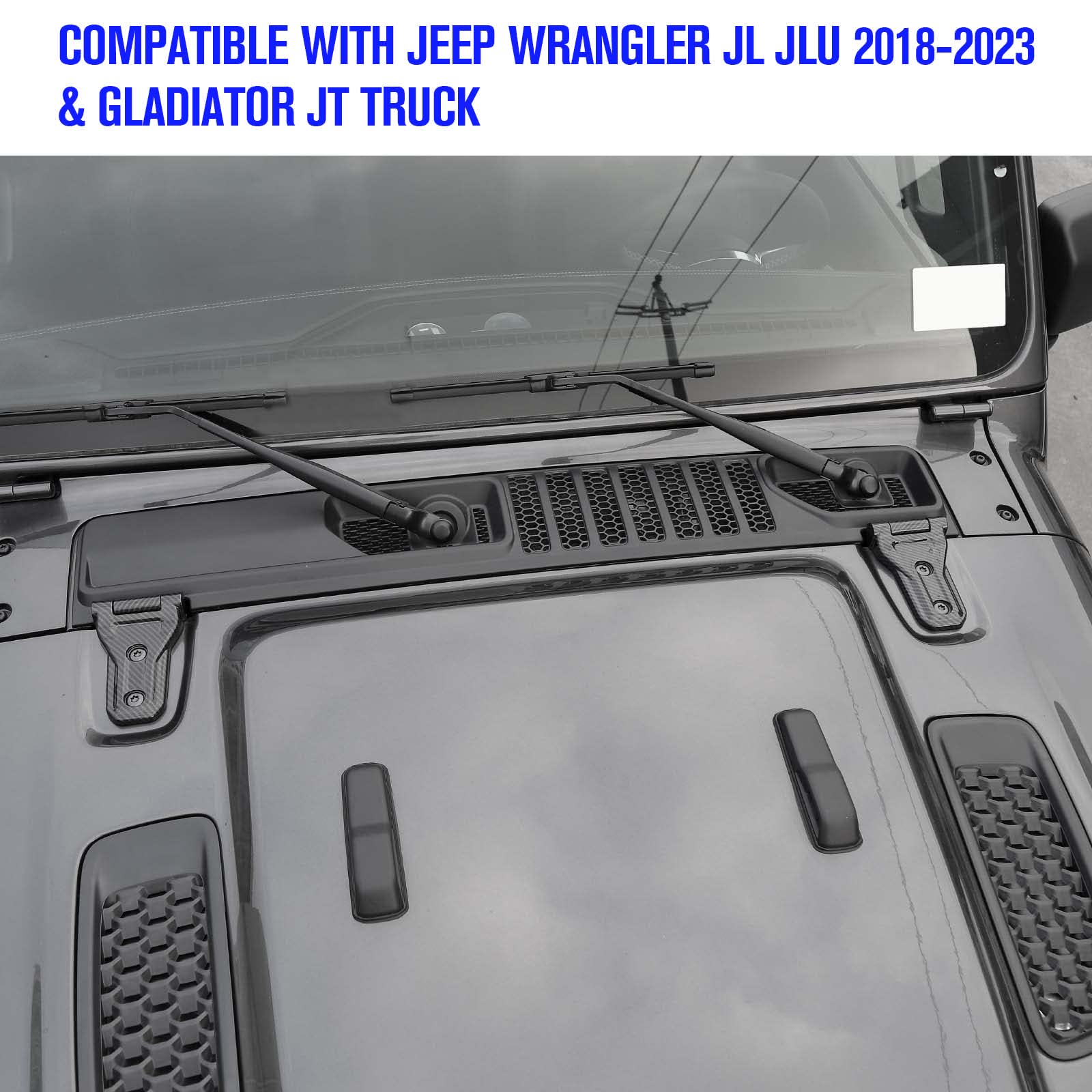 Lot de 2 protections de charnière de capot compatibles avec Jeep Wrangler JL JLU et Gladiator JT 2018-2023, accessoires extérieurs en fibre de carbone pour charnières de capot avant, plastique