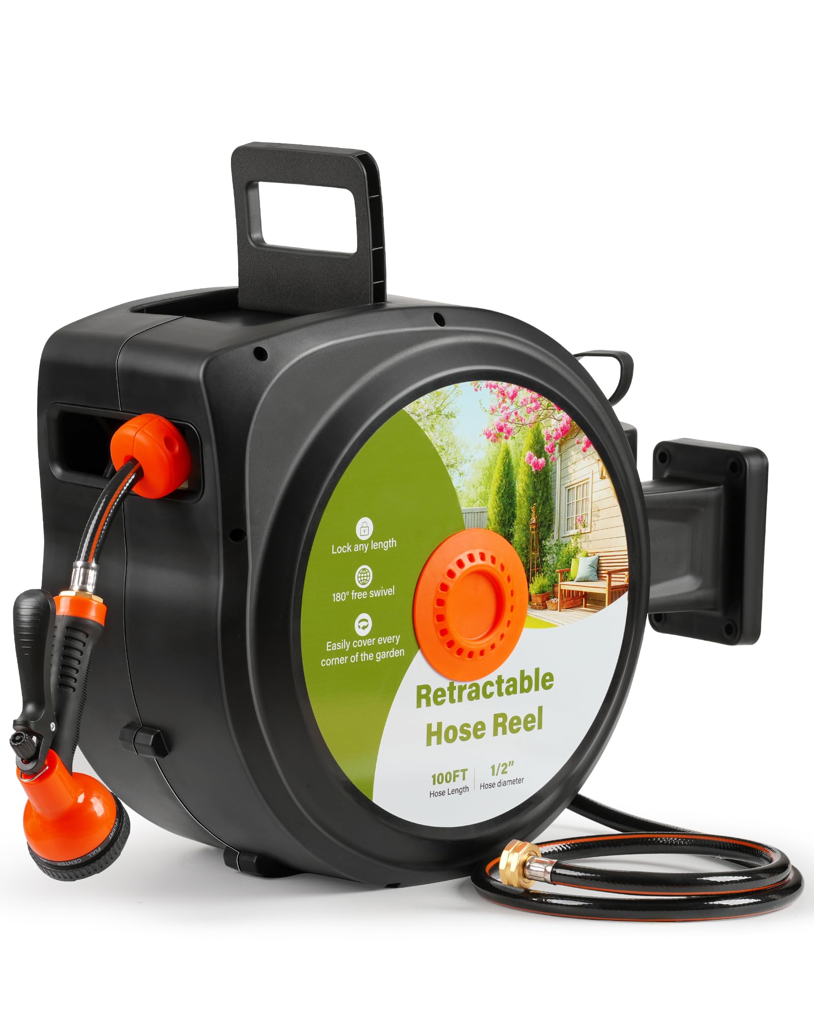 YSEAGA Retractable Garden Hose Reel 100 ft x 1/2 in,Super Heavy Duty Automatic Wall Mount Water Hoses Reels for Outdoor, Any Length Lock, Slow Return System,180° Swivel Bracket,10 Pattern Nozzle