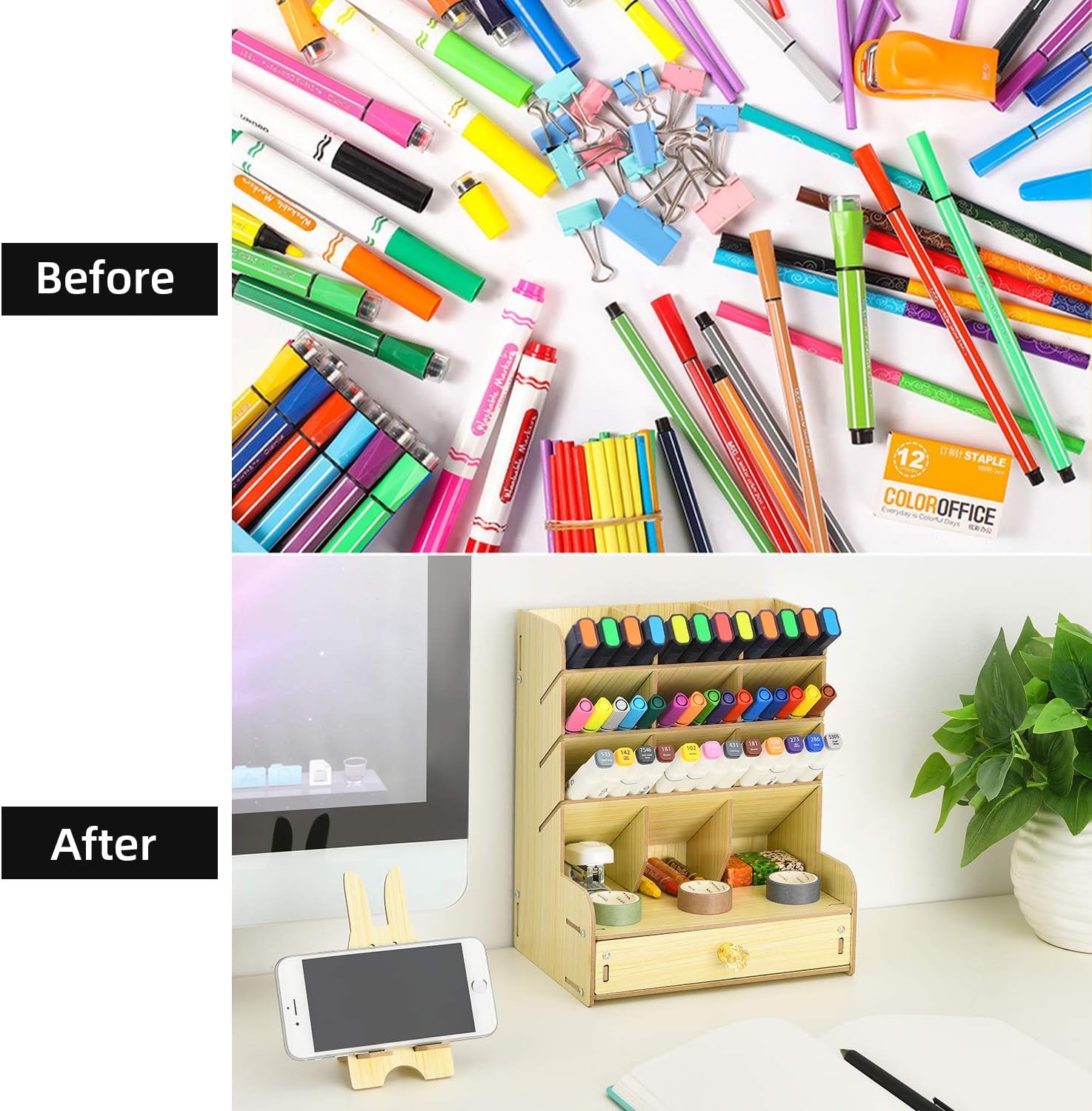 Organizzatore Scrivania Organizer da Scrivania in Legno con Cassetto Portapenne Multifunzionale Fai-da-Te per Ufficio(Natural,21 * 15 * 25.5cm)