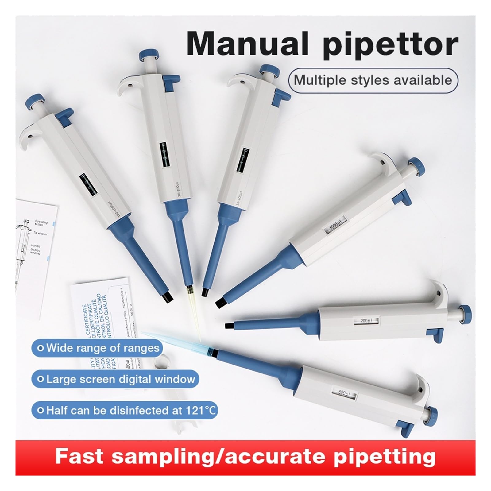 Pipeta, Regulowana pipeta jednokanałowa, przenośny ręczny pipetor 0,1~1000UL sprzęt laboratoryjny(5-50μl)