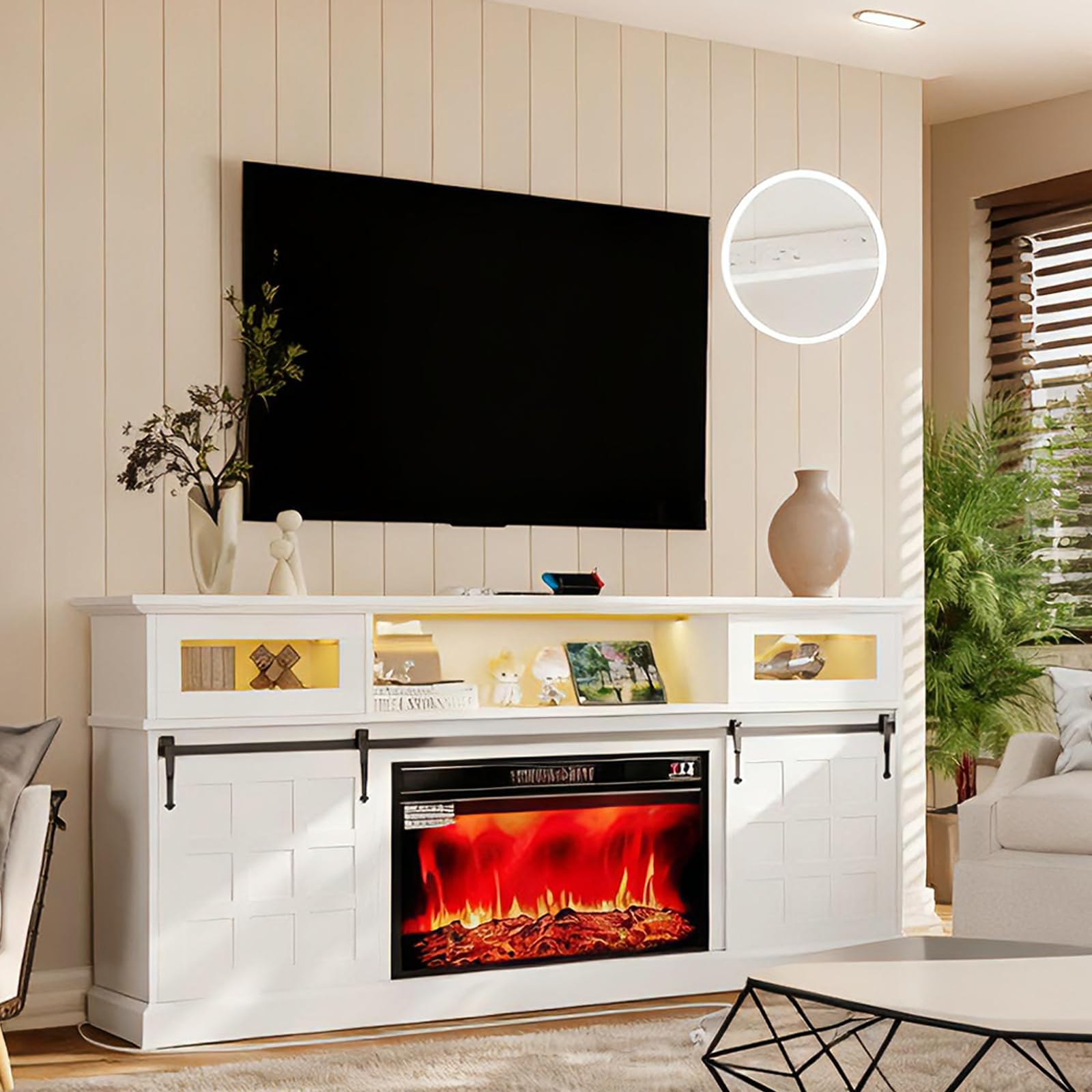 LGHM Fireplace TV Stand for 80 Inch TVs with LED Lights Power Outlets Rustic Media Console with Sliding