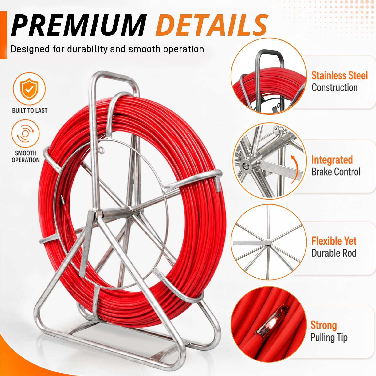 Rodder de conducto de 6 mm y 500 pies, cinta de fibra de vidrio, varilla de alambre resistente con soporte de acero duradero, extractor de cable de cinta de pescado para conductos e