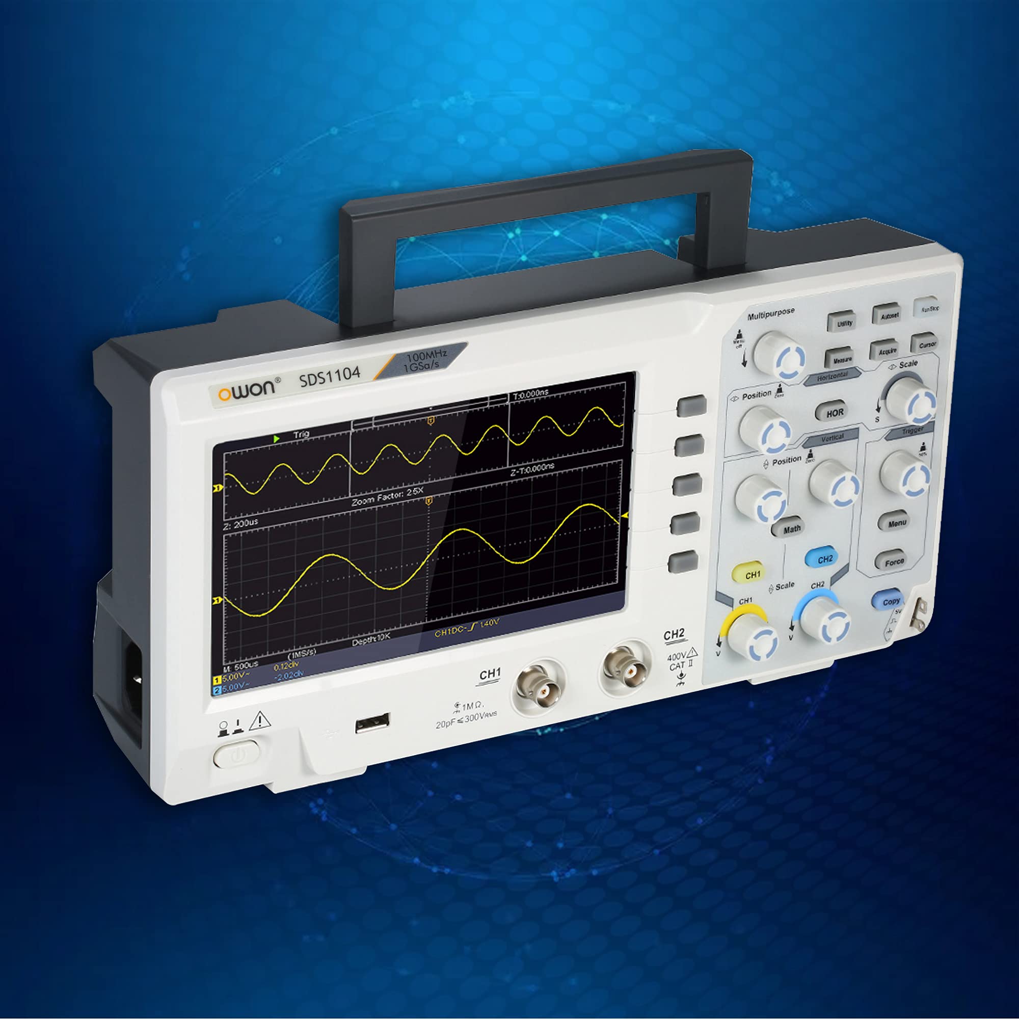 SDS1104 OWON Oszilloskop 4 Kanäle 100MHz Bandbreite Tischoszilloskop | 7" hochauflösender Bildschirm 1GSa/s Abtastrate Ultraflaches leichtes tragbares Oszilloskop
