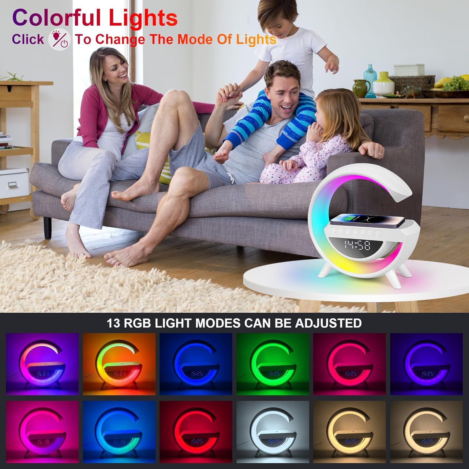 Lámpara con Cargador Inalámbrico 15W, Estación de Carga con Altavoz Bluetooth, Despertador Digital con Luz RGB y Luz Nocturna, Multifuncional para Dormitorio, Camping y Viajes