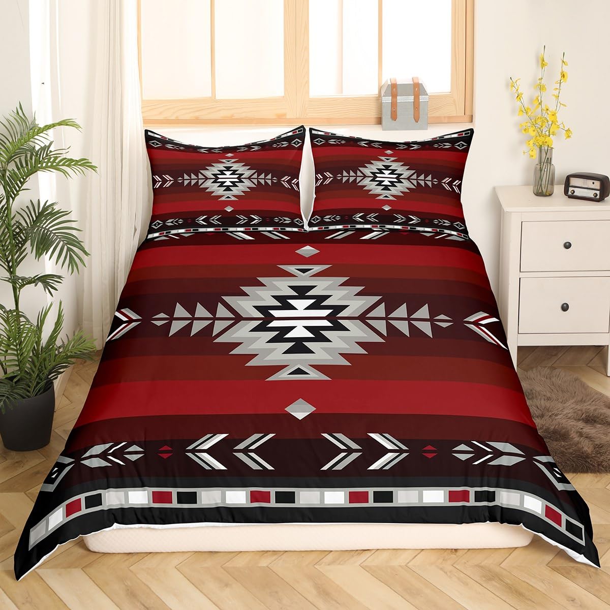 Abojoy Peace and Love Duvet Cover Set, 70s Party Theme Floral Hippie Peace Sign Colorful Flowers Guitar Stars Music Printed 2 Piece Quilt Cover Bedding Set with 2 Pillow Shams - Queen