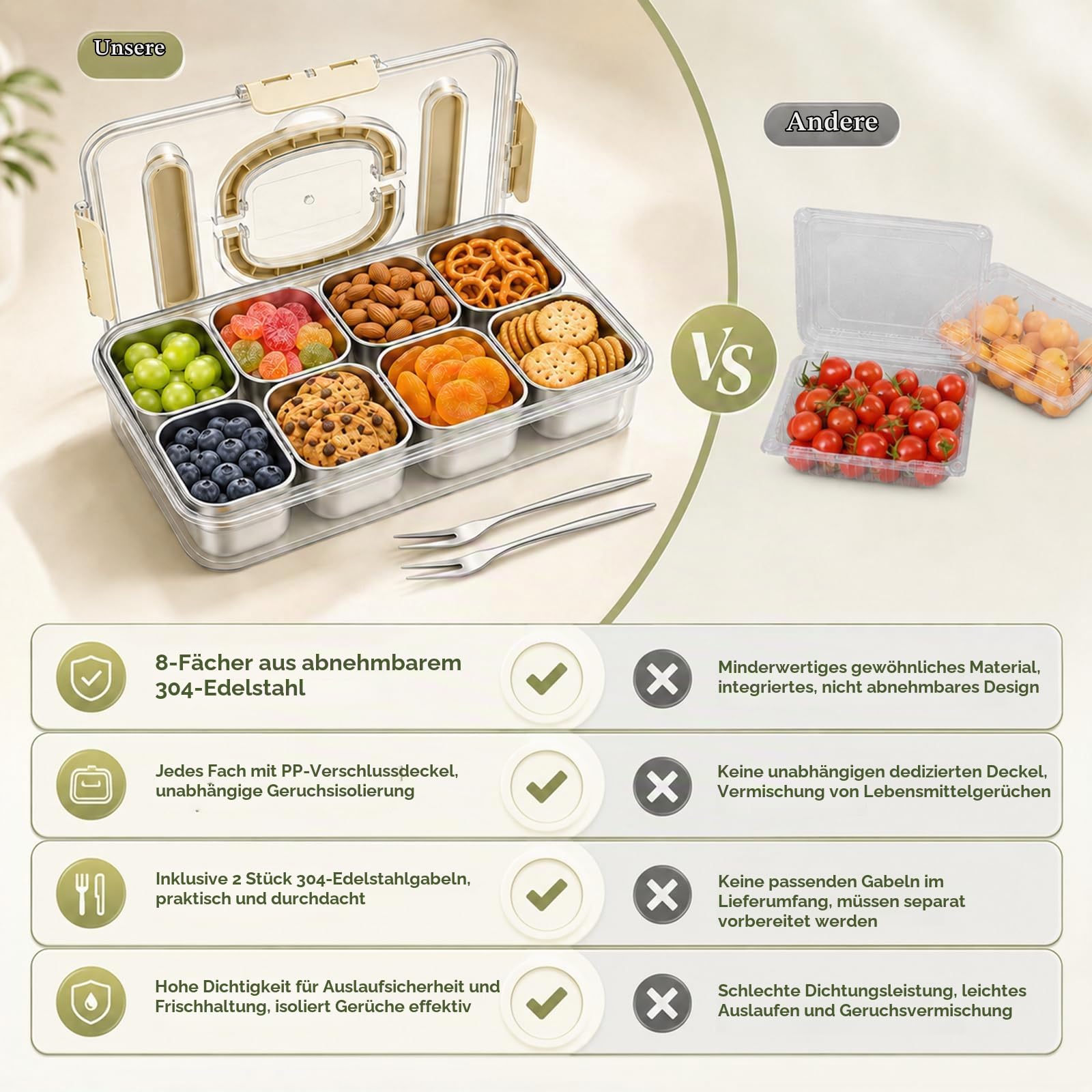 Snackbox mit 8 Edelstahl Fächern, Tragbar snack Aufbewahrungsbox, mit äußerer Deckel Besteckfach und Griff, Der 8 Snackteller hat eigenen Deckel, Auslaufsicherer Snackdose Organizer für Reise und Büro