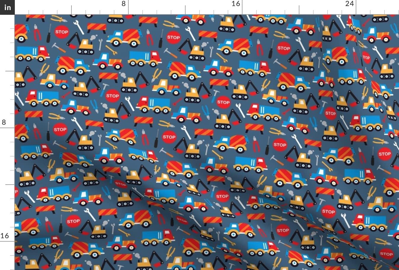 Spoonflower Fabric - Kids Illustration Construction Truck Tools Boy Pattern Boys Car Crane Printed on Upholstery Velvet Fabric Fat Quarter - Upholstery Home Decor Bottomweight Apparel