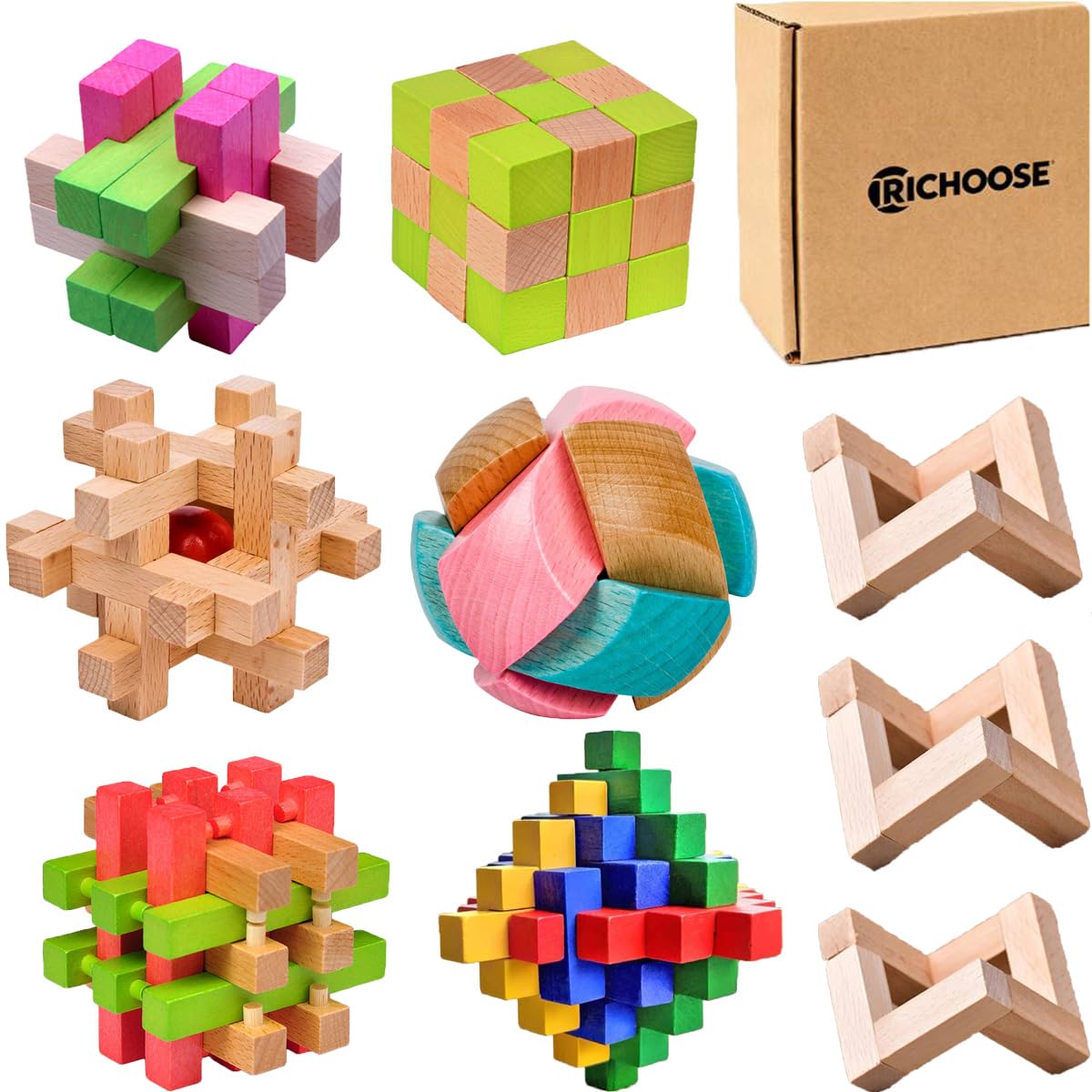 RICHOOSE Wooden Brain Teaser Puzzles for Adults, 6PCS Coffee Table Puzzle Games with Display Stands, Challenging 3D Wood Puzzles for Teens to Seniors,