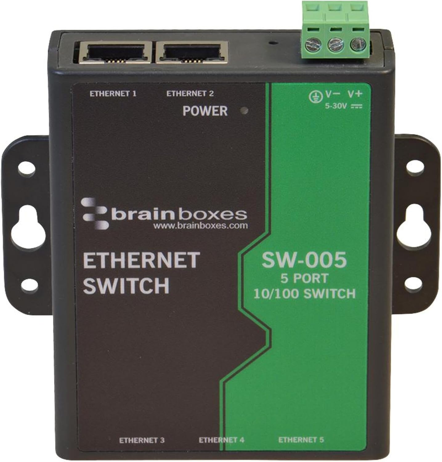 BRAINBOXES SW-005 Brainboxes Unmanaged Ethernet Switch 5 Ports, DIN Rail/Wall, RJ45 x 5, 10/100Mbps