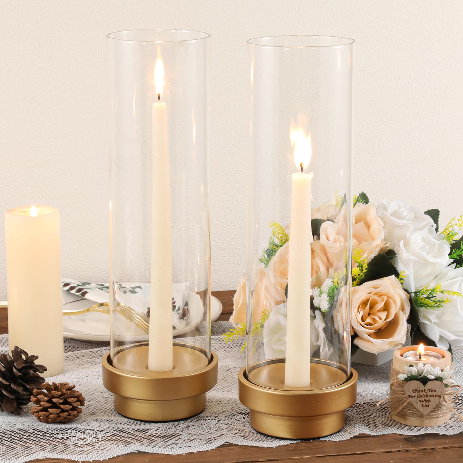 Gold Hurricane Candle Holders Set of 2 – Multi-Use Taper & Pillar Candle Stands with Removable Glass Sleeves – Matte Gold Metal Centerpieces for Weddings, Dining Table, Holidays, and Home Decor
