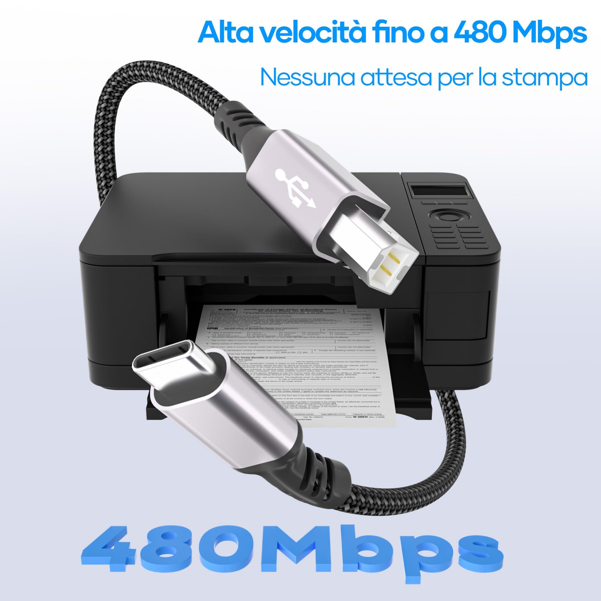 Cavo per stampante, USB C, cavo per stampante da 2 m, US B C a USB B, in nylon intrecciato US B C, compatibile con MacBook Pro/Air,iMac,Matebook, Dell XPS,HP,Epson,Canon, Brother,Lexmark ecc
