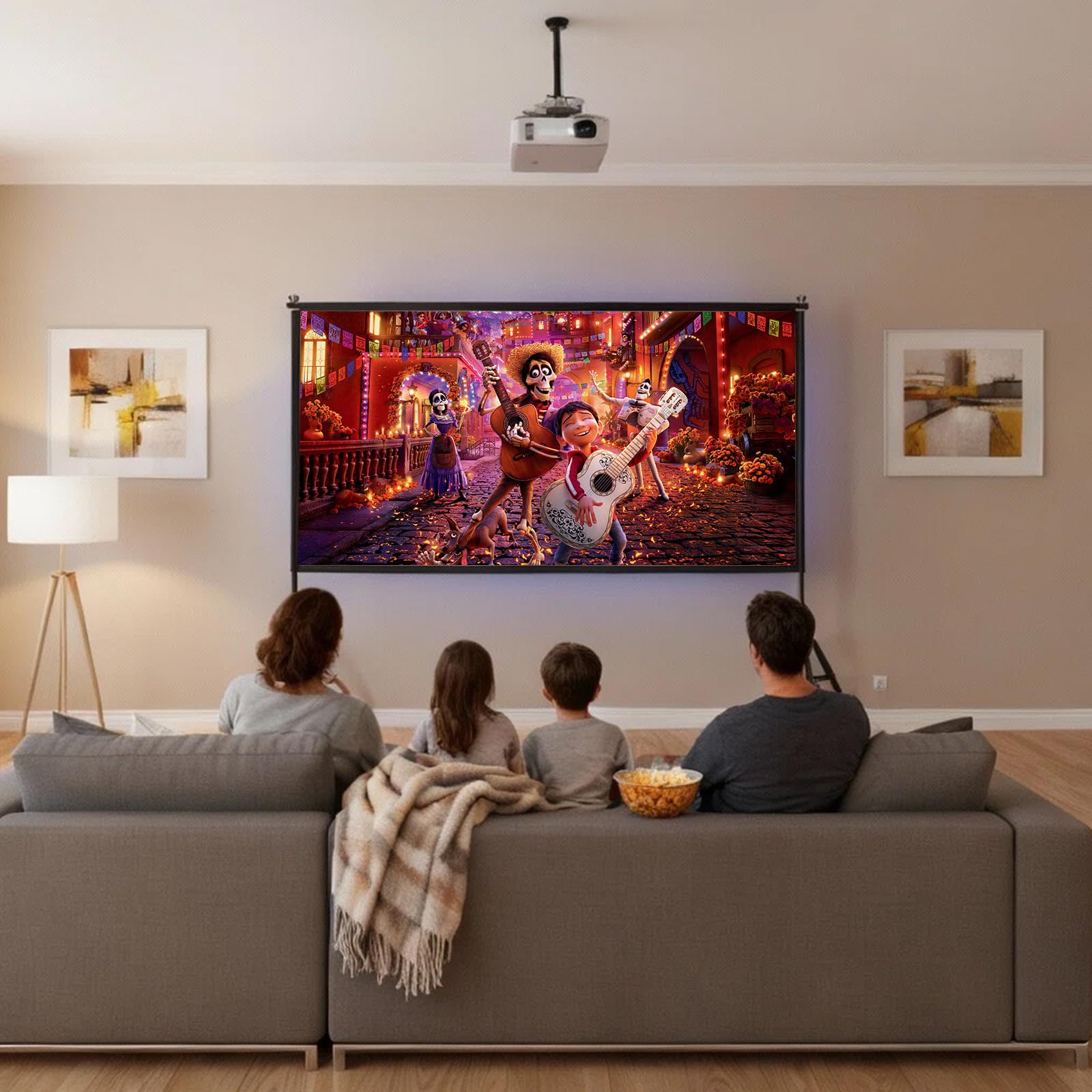 wootfairy Projektor-Leinwand mit Ständer, 120 Zoll, tragbar und faltbar, für Innen- und Außenbereich, 16:9, 4K-HD, Rückseite vorne, faltenfrei, Filmleinwand mit Tragetasche für Heimkino, Hinterhofkino