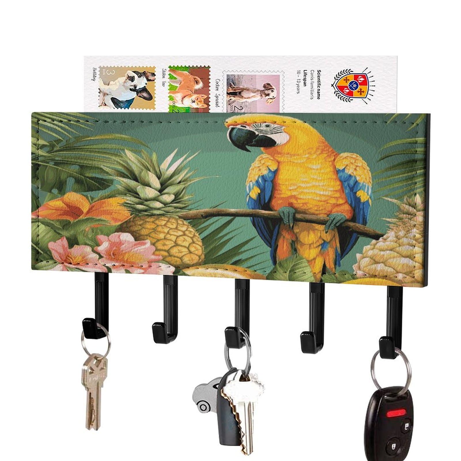 LDGSUPH Summer Parrot Pineapple Bird Key Holder Wall Mount Key Hanger with 5 Hooks Fashion Key Organizer Rack Hanging Key Hooks with Mail Organizer Key Rack for Home Entryway Hallway Black-Style
