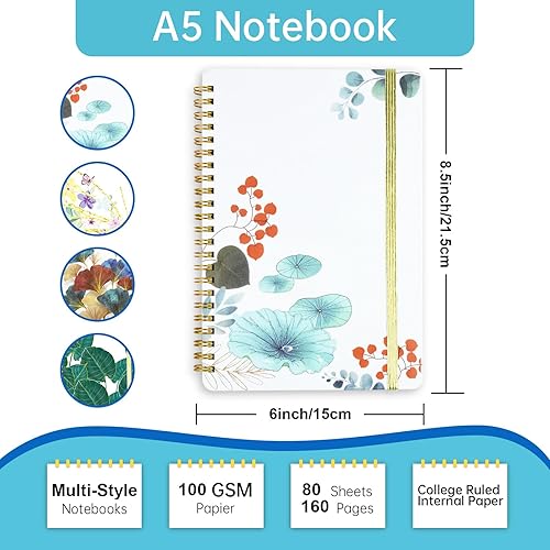Miniatura 2 de Mlife 1 paquete de cuaderno en espiral para mujer, cuaderno robusto de tapa dura de 8.5 x 6 pulgadas con bolsillos, 160 páginas forradas, papel
