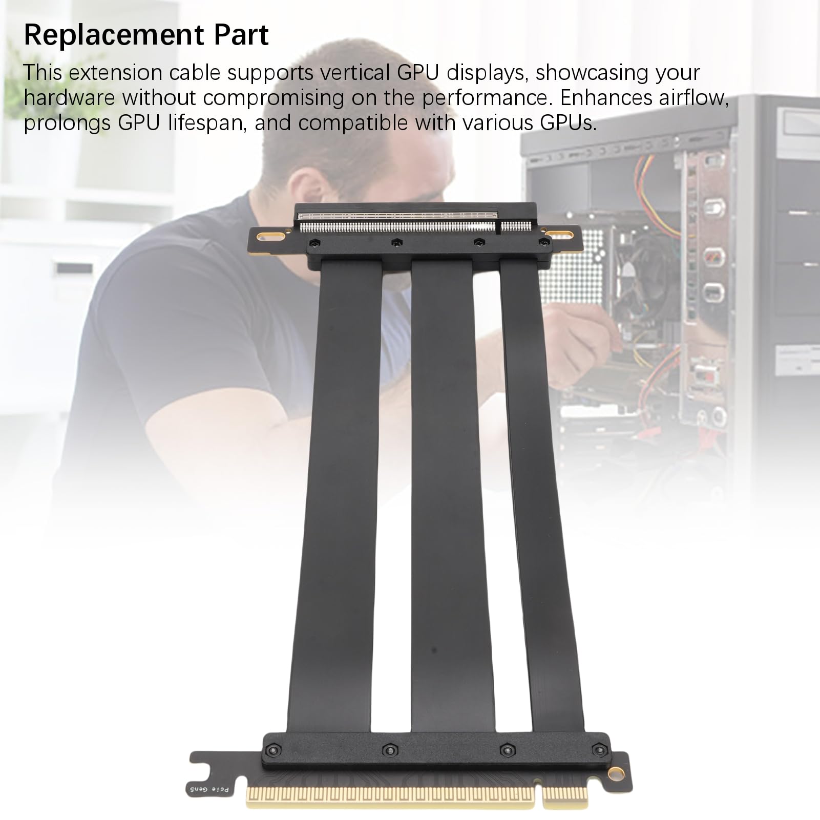 Cryfokt Elastyczna Karta Przedłużacza PCIe 5.0 X16 Łatwe Zarządzanie Kablami Karta Graficzna GPU Gen 5 dla ITX, 128 Gb/s, Czarna (30cm)