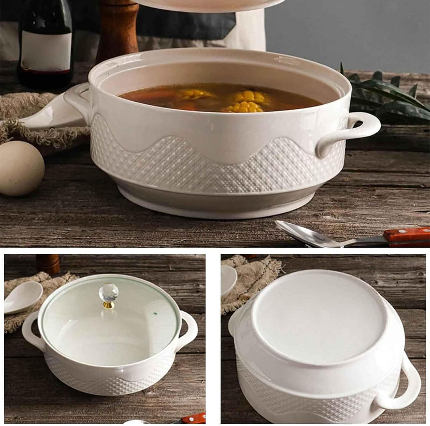 Soup Tureen with Glass Lid and Spoon,Large Capacity Ceramic Serving Soup Bowl,Porcelain Serving Soup Bowls with Lid White Round Bowl