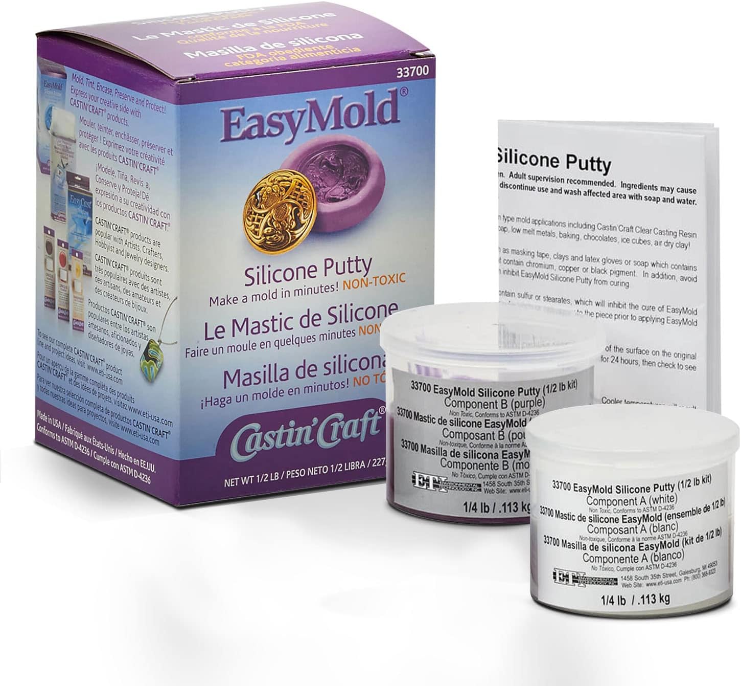 Environmental Technology Castin'Craft EasyMold Silicone Putty (½ lb Kit) 2 Part Molding Compound | Food Safe & Non-Toxic | Heat-Resistant Molds for Casting Resin & Epoxy | Mold Making in Minutes