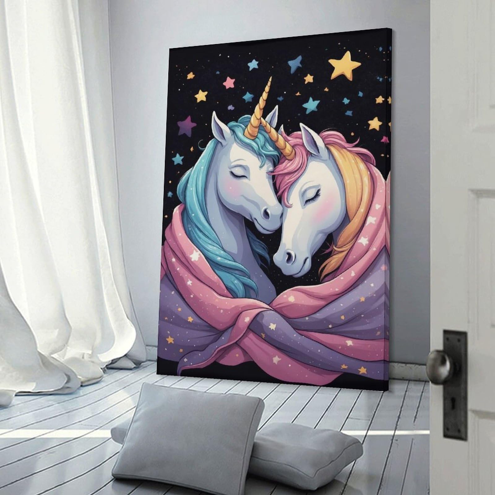 Junmoney Two Unicorns Embracing in Starry Night Decorative Wall Artwork, 08x12inch(20x30cm), for Corridors, Hallways Or Apartment Entries, Home Artwork for First Impressions
