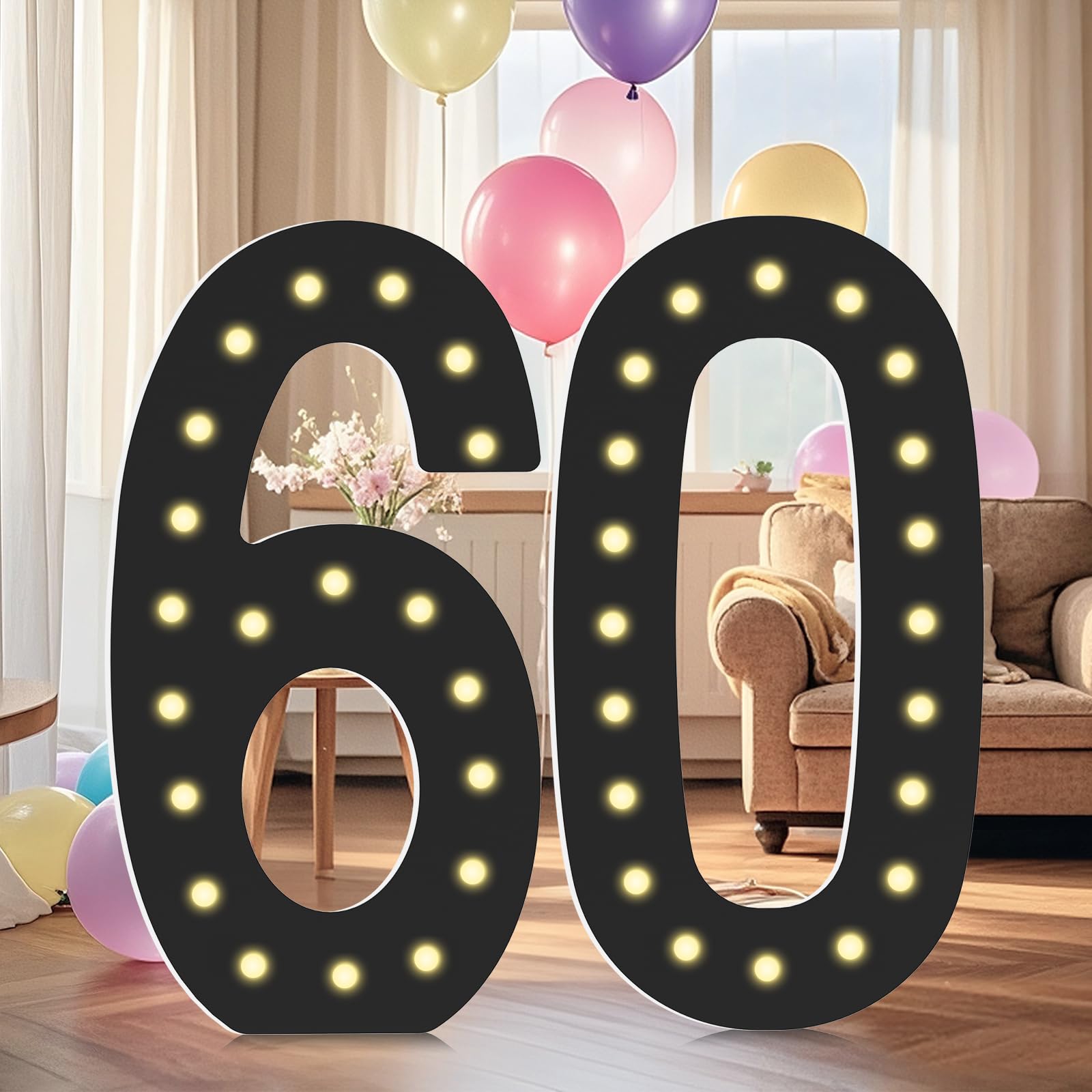 LOBOOM 4FT Marquee Light Up Numbers, Black Giant Marquee Number Big Mosaic Number for 60th Birthday Party Decorations Backdrop Anniversary Decor,