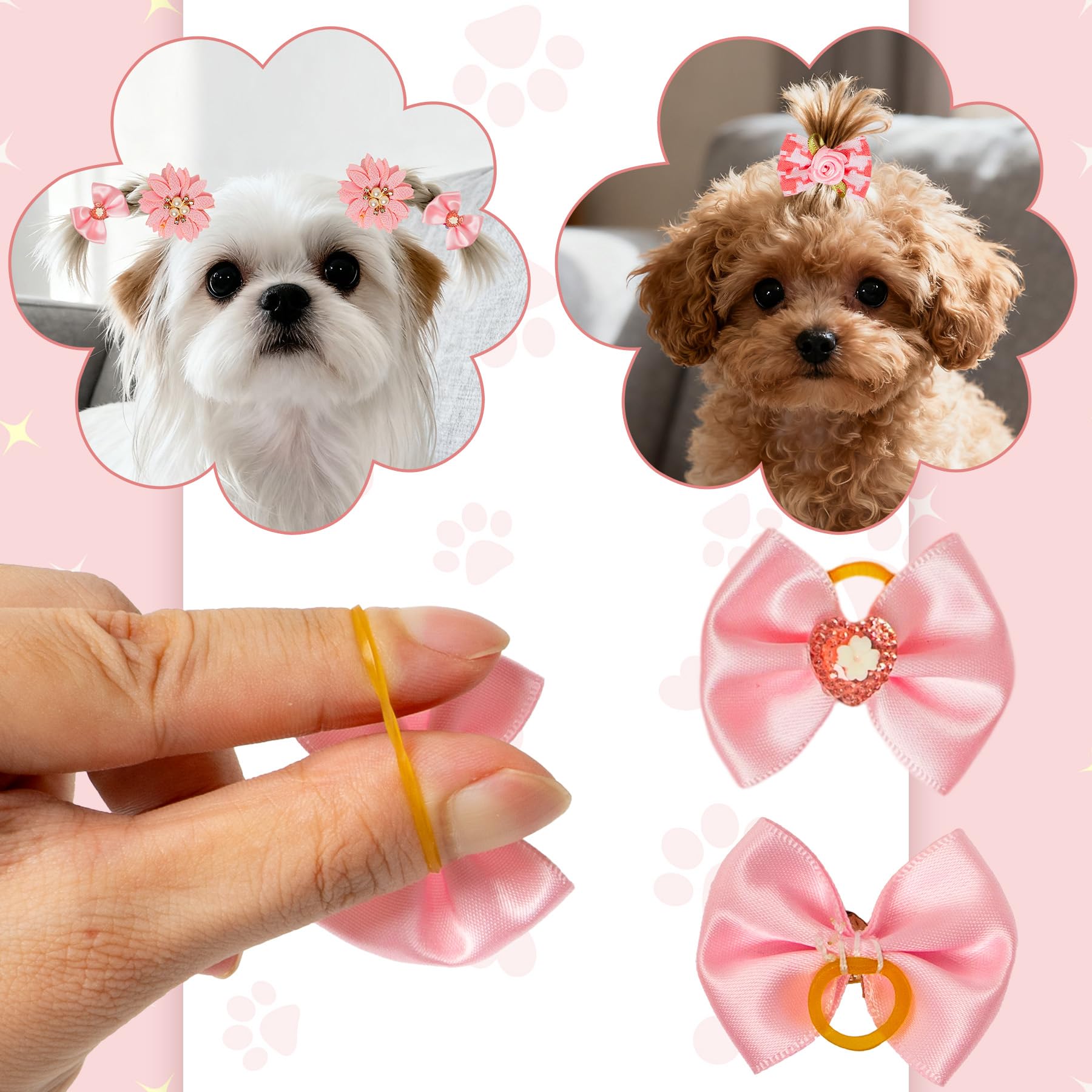 RAORAOYUE 20pcs Light Pink Small Dog Hair Bows, Bulk With Rubber Bands Elastic Lace Rhinestone Pearls Hair Ties - Image 3