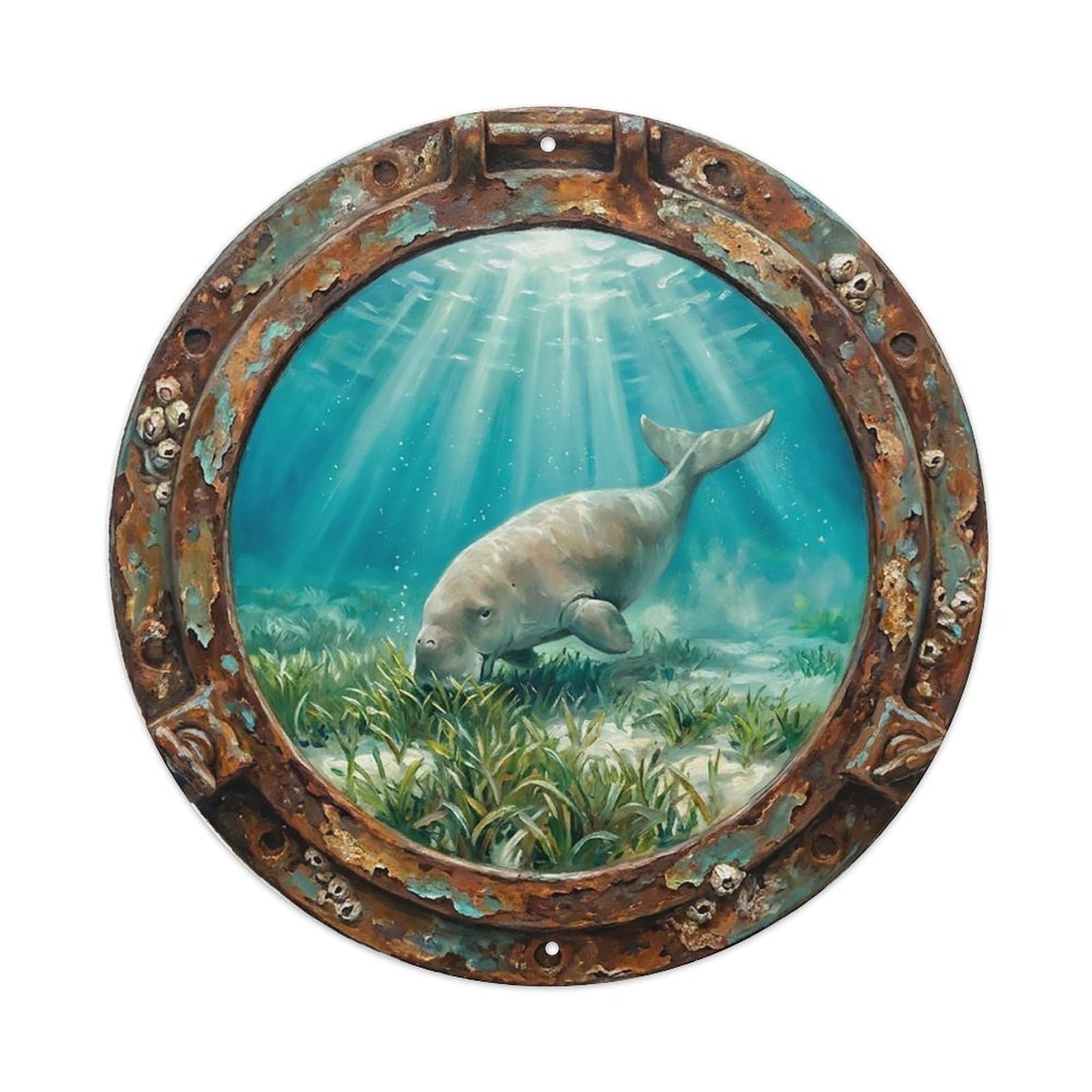 Vintage Porthole Dugong Grazing Ship Window Undersea Deep Sea Metal Tin Sign