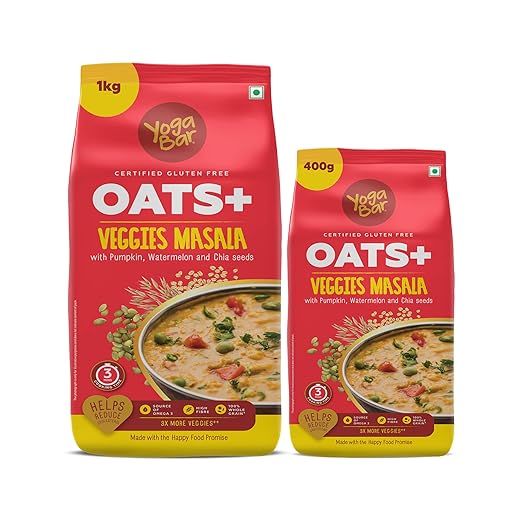 Yogabar Veggie Masala Oats Combo | Veggie Masala Oats 1kg| Veggie Masala Oats 400g | Masala Oats with 3X More Veggies, Pumpkin, Watermelon and Chia Seeds That Helps Reduce Cholesterol