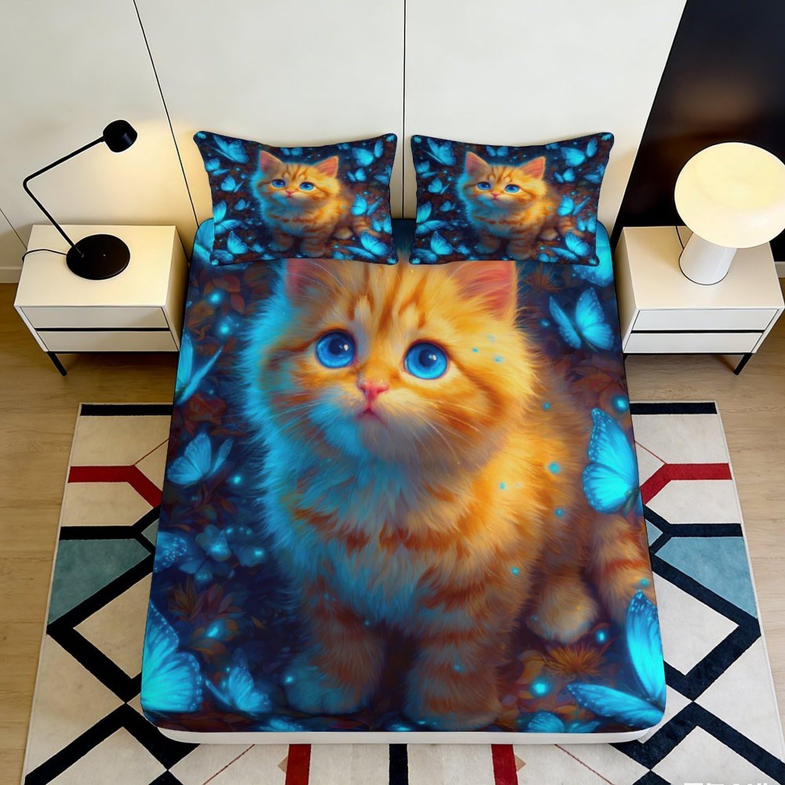 3D Printed Cute Cat Blue Butterfly Fitted Sheet Microfiber Soft Breathable Kitten Bed Cover for Bedroom Dormitory Guest Room Mattress Protection Decor 160x200x25cm