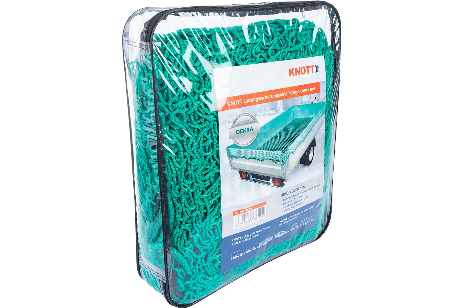 KNOTT Ladungssicherungsnetz 3000x4000 mm Anhängernetz grün für Pkw Anhänger und Pritschen zur Ladungssicherung knotenloses Schutznetz mit 6mm elastischer Randkordel für Gartenabfälle Abdecknetz