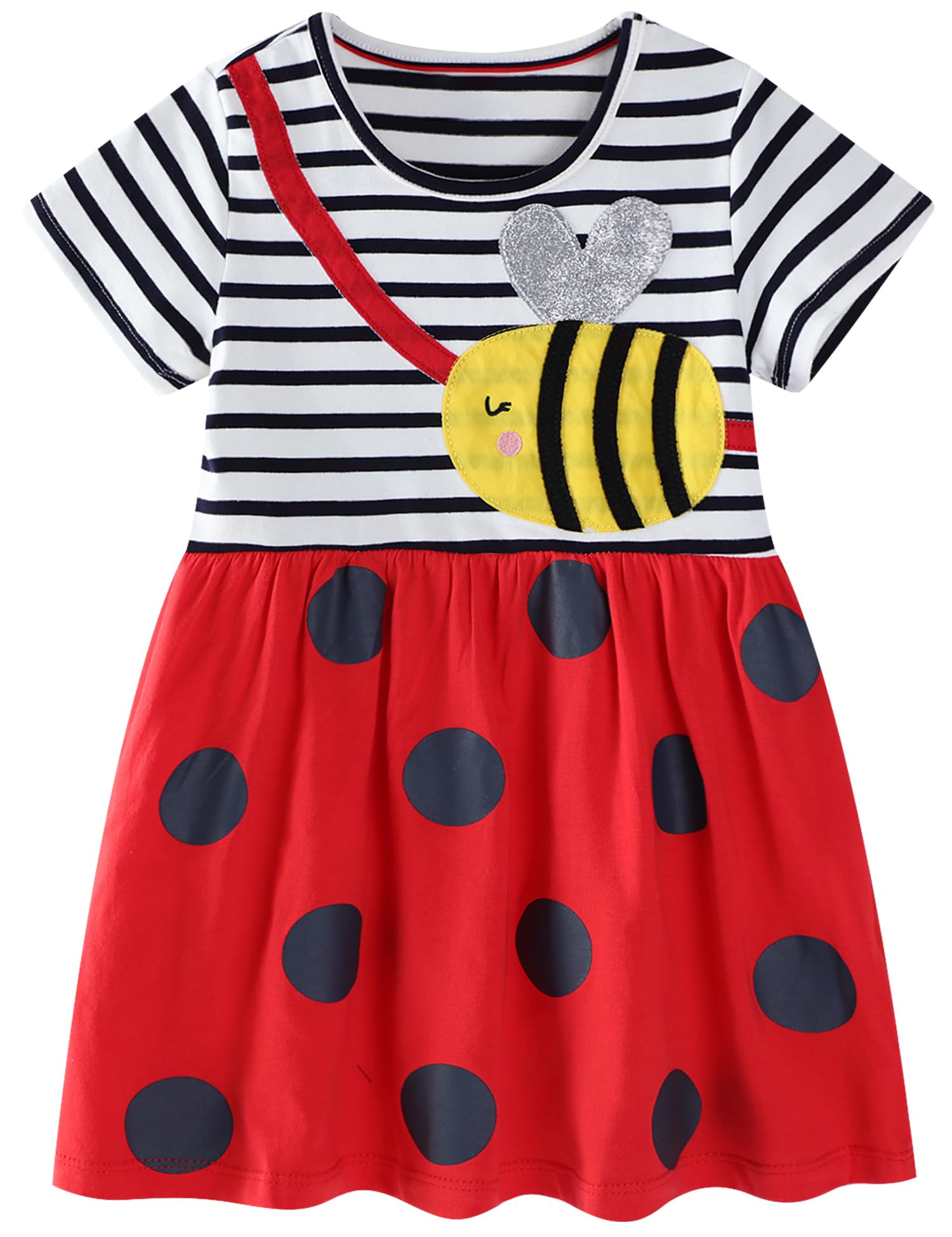 FreeLu Girls' Cotton Short Sleeve Dresses Cute Stripe Cartoon Patterned Casual Sundress